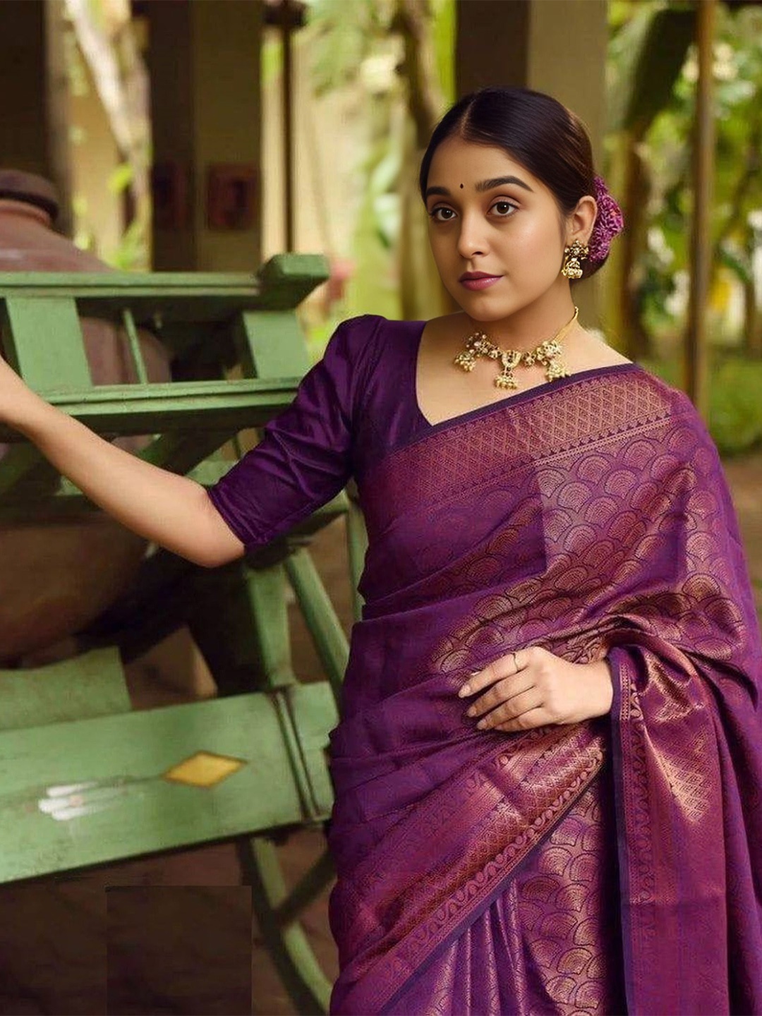 

bansari textiles Woven Design Zari Kanjeevaram Saree, Purple