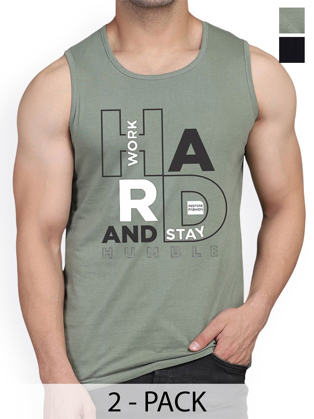 

WOOSTRO Men Pack Of 2 Printed Combed Cotton Gym Vest, Black