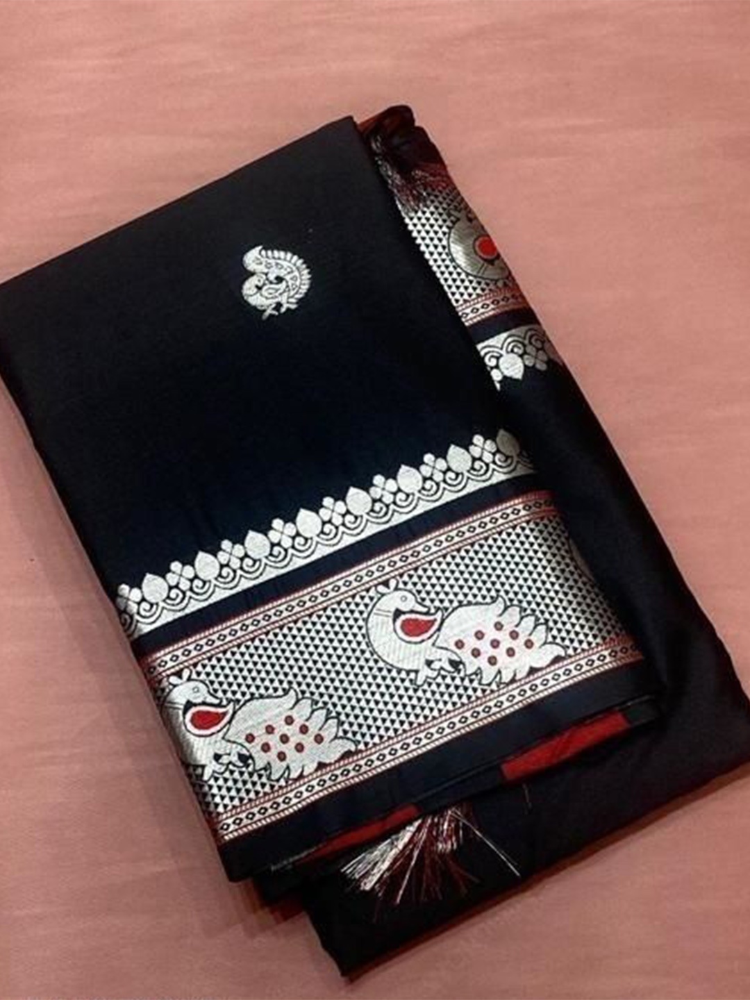 

bansari textiles Woven Design Zari Paithani Saree, Black