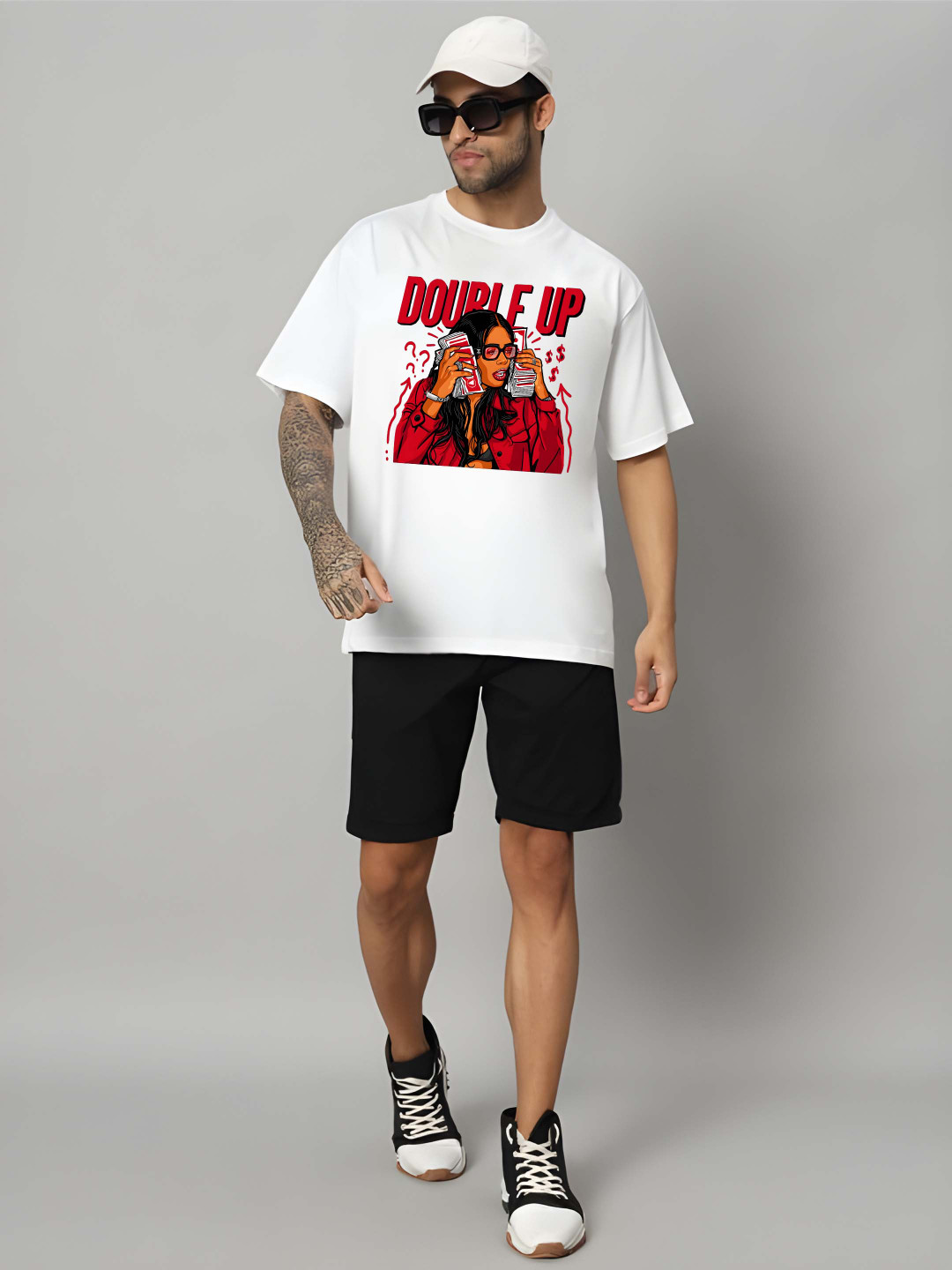

Krimmple Men Graphic Printed Round Neck Cotton Oversized T-shirt, White