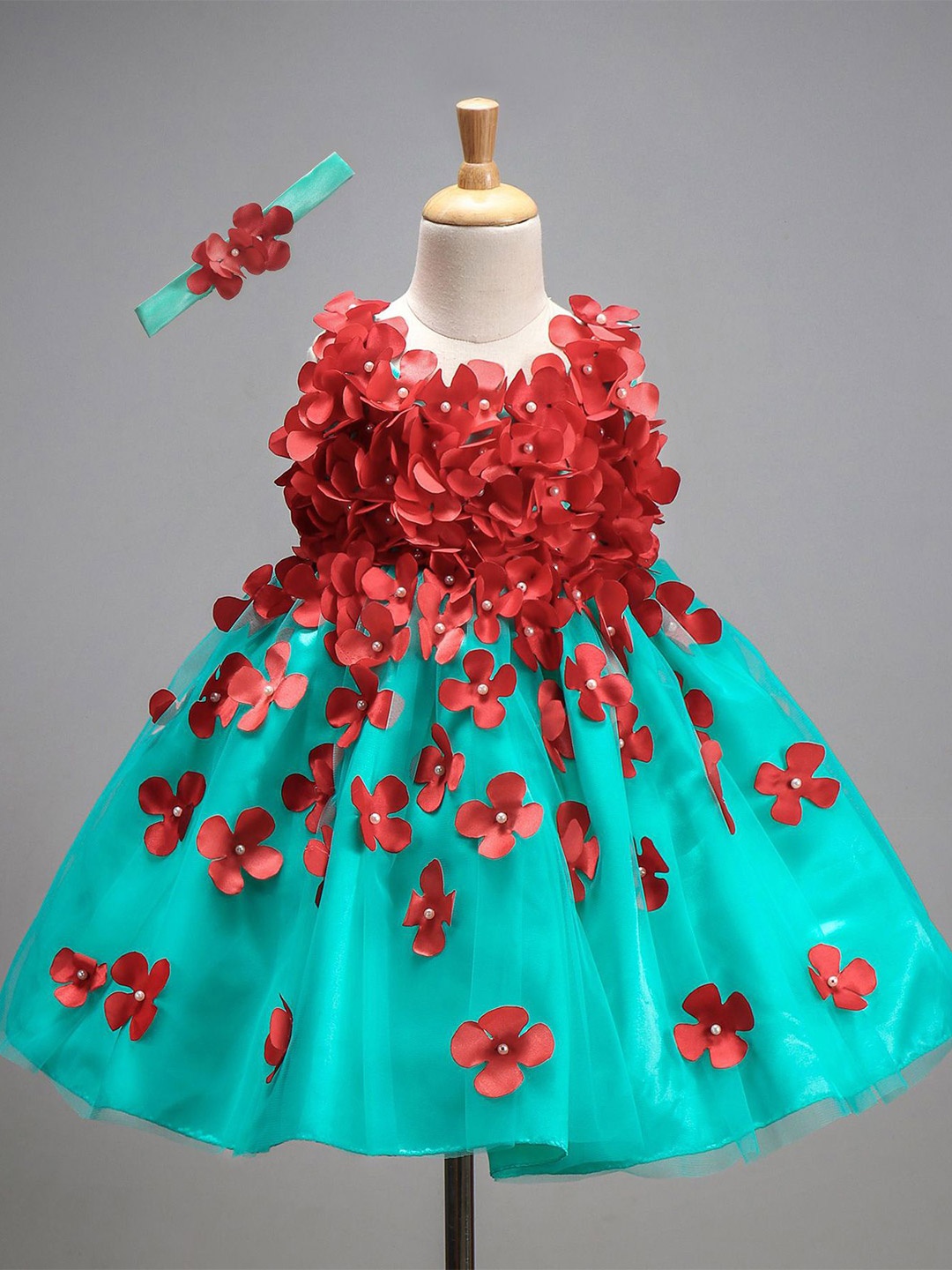 

Li & Li Boutique Girls Aqua Blue and Red Flower Petal Frock, Turquoise blue