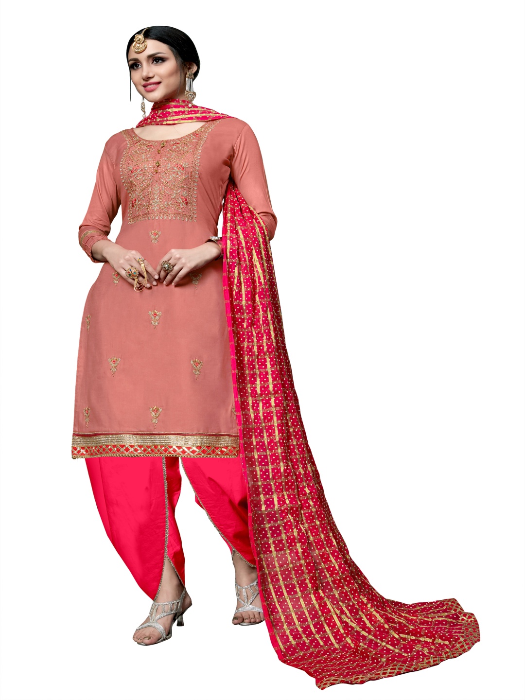 

HERE&NOW Floral Embroidered Unstitched Dress Material, Peach