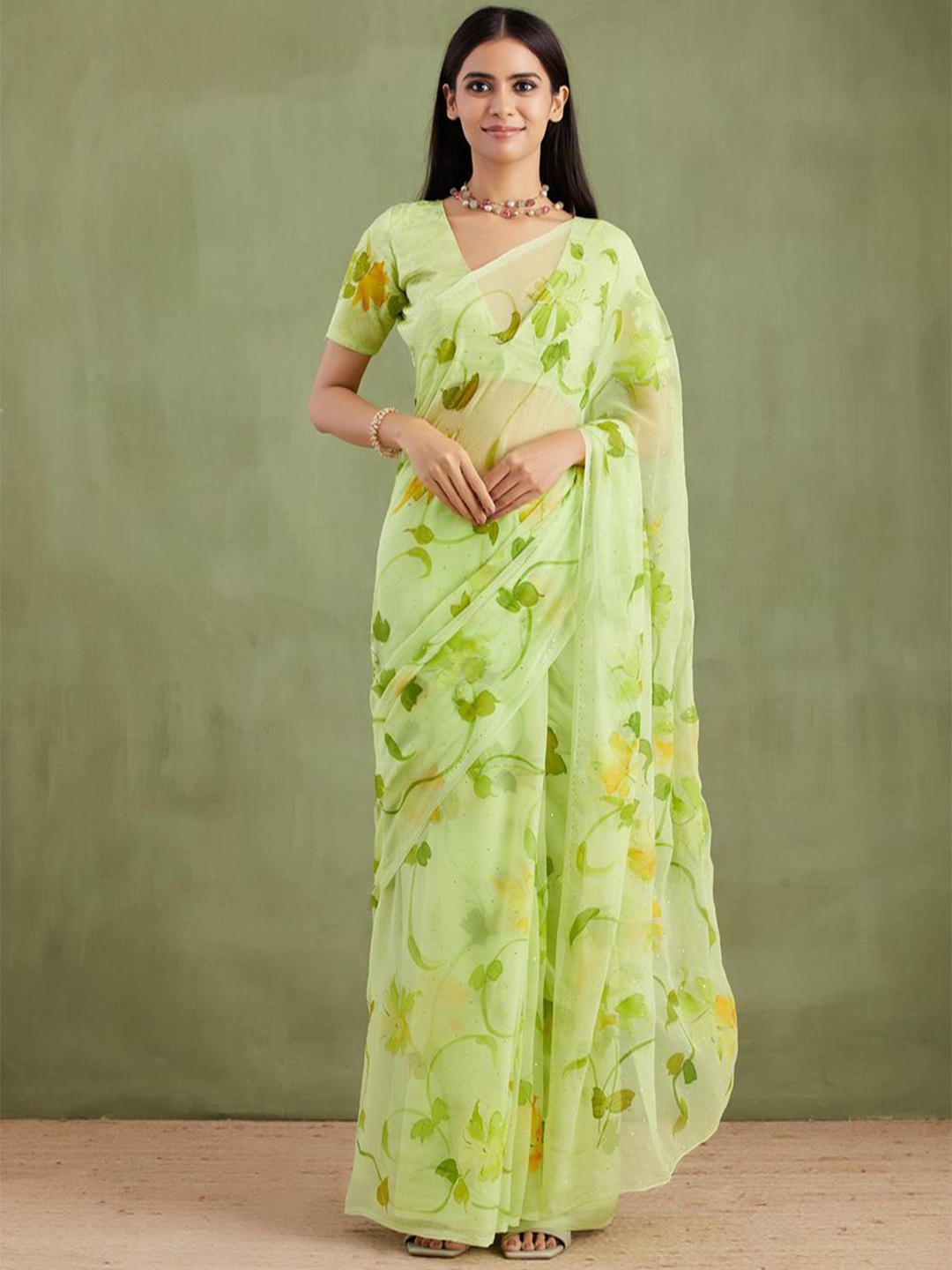 

Geroo Luxe Floral Mukaish Ready to Wear Pure Chiffon Saree, Green