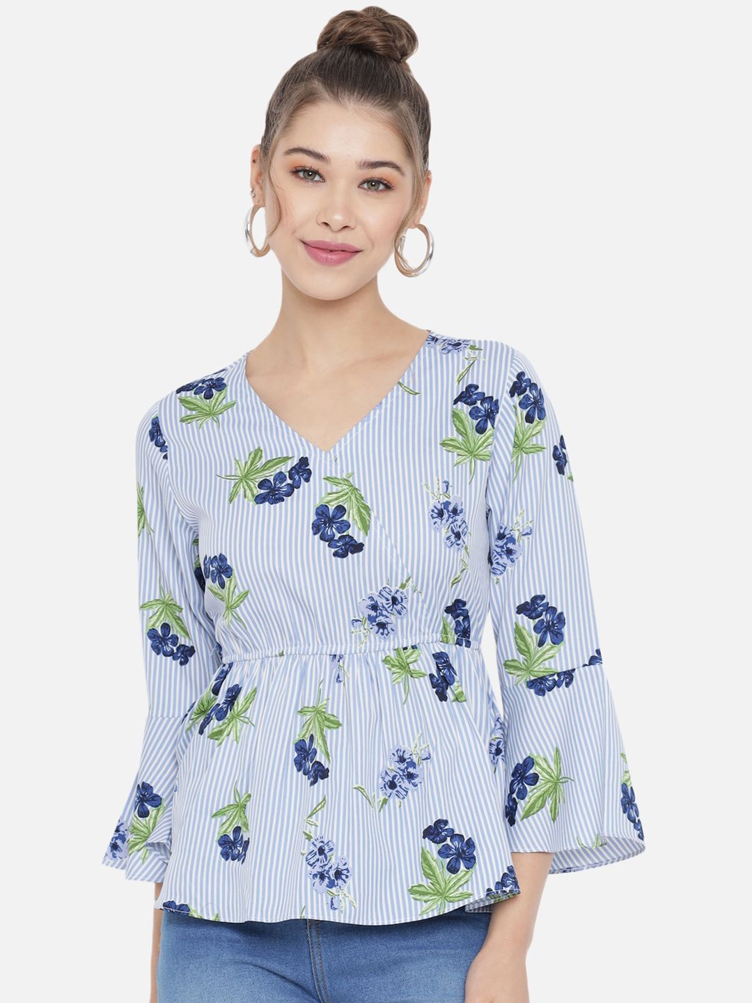 

Moda Rapido Women Striped Bell Sleeve Crepe Peplum Top, Blue
