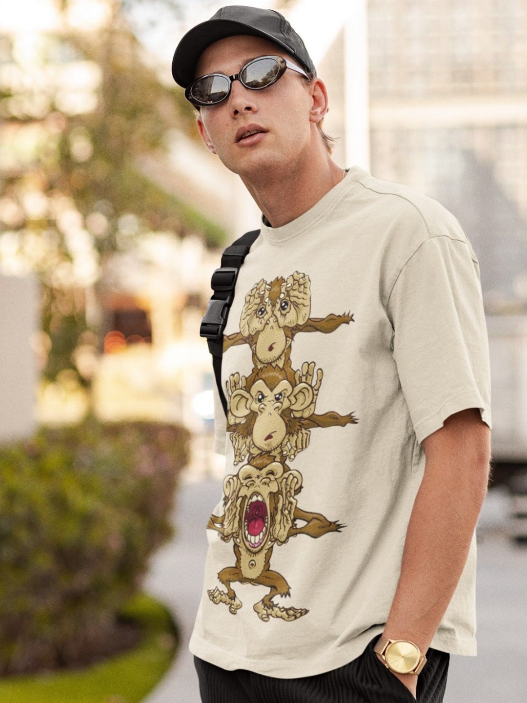 

Edyssa Men Graphic Printed Round Neck Cotton Oversized T-shirt, Cream