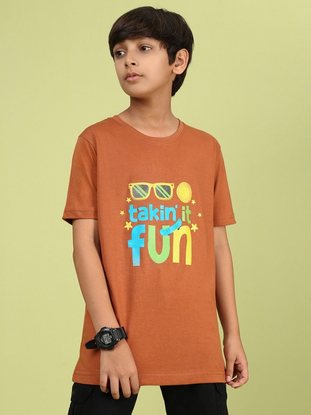 

YK Boys Typography Printed Round Neck Cotton Relaxed Fit T-shirt, Rust