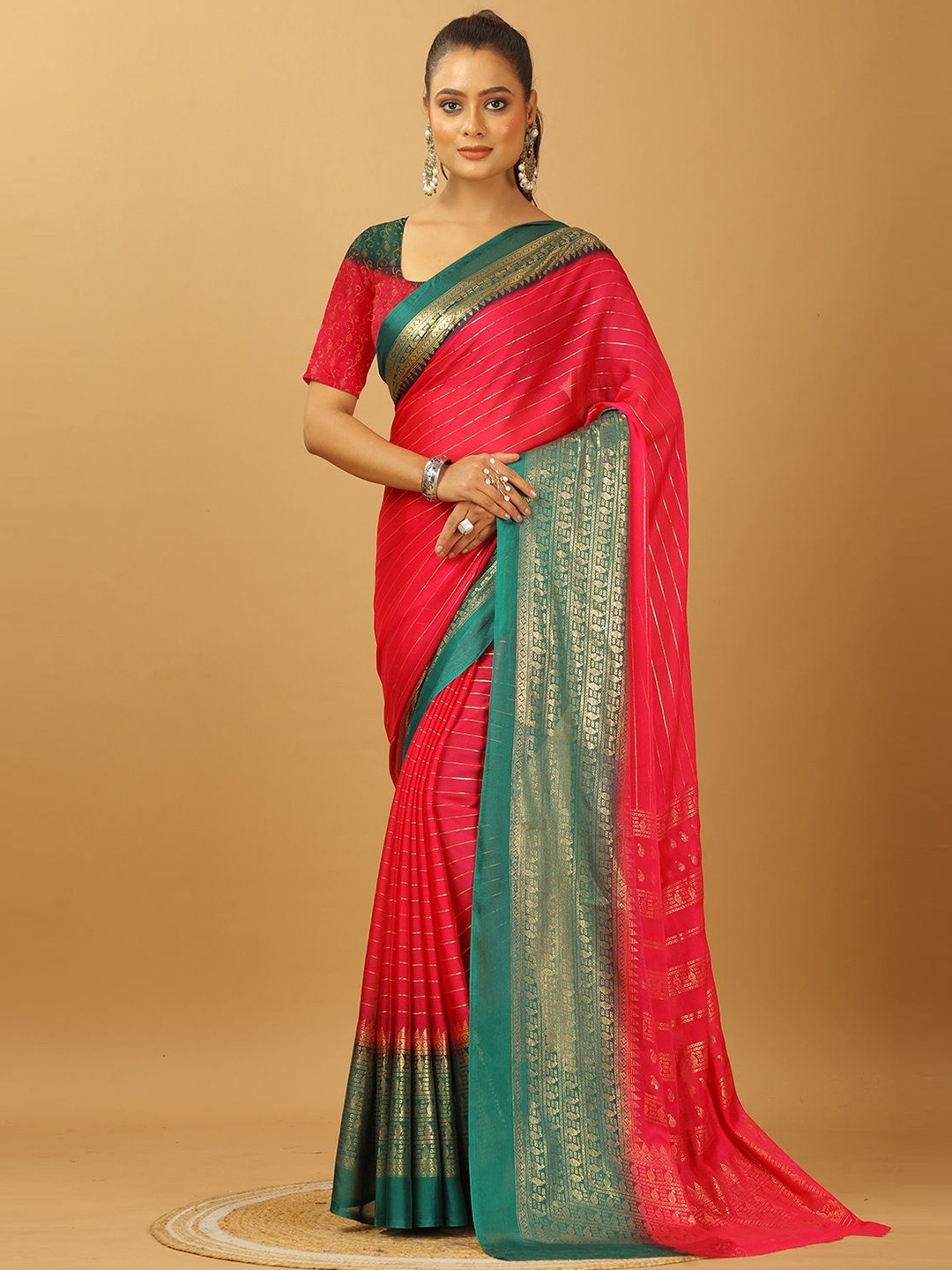 

A.V.M. SILK MILLS Striped Pure Crepe Saree, Rose