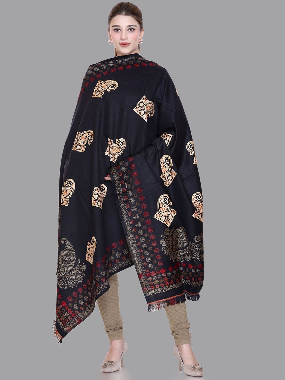 

Tones-N-Shades Ethnic Motifs Embroidered Shawl, Black