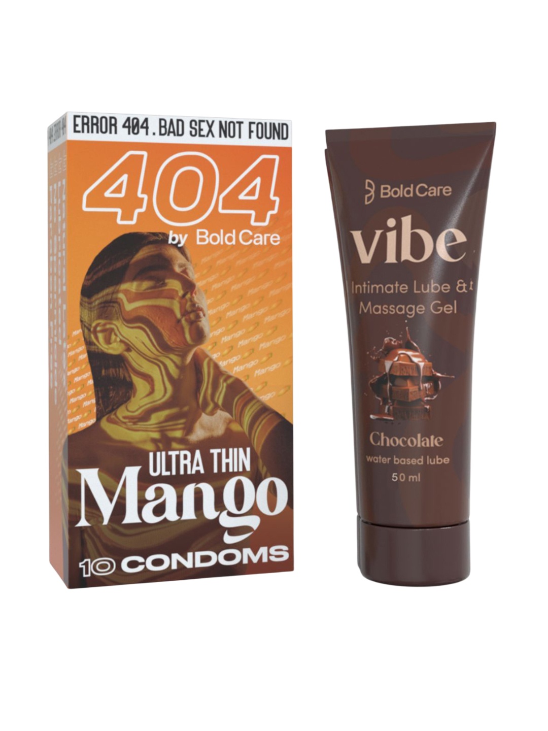 

Bold Care Set Of Vibe Chocolate Intimate Lube 50ml With Ultra Thin Mango Condoms 10 Pcs, Brown