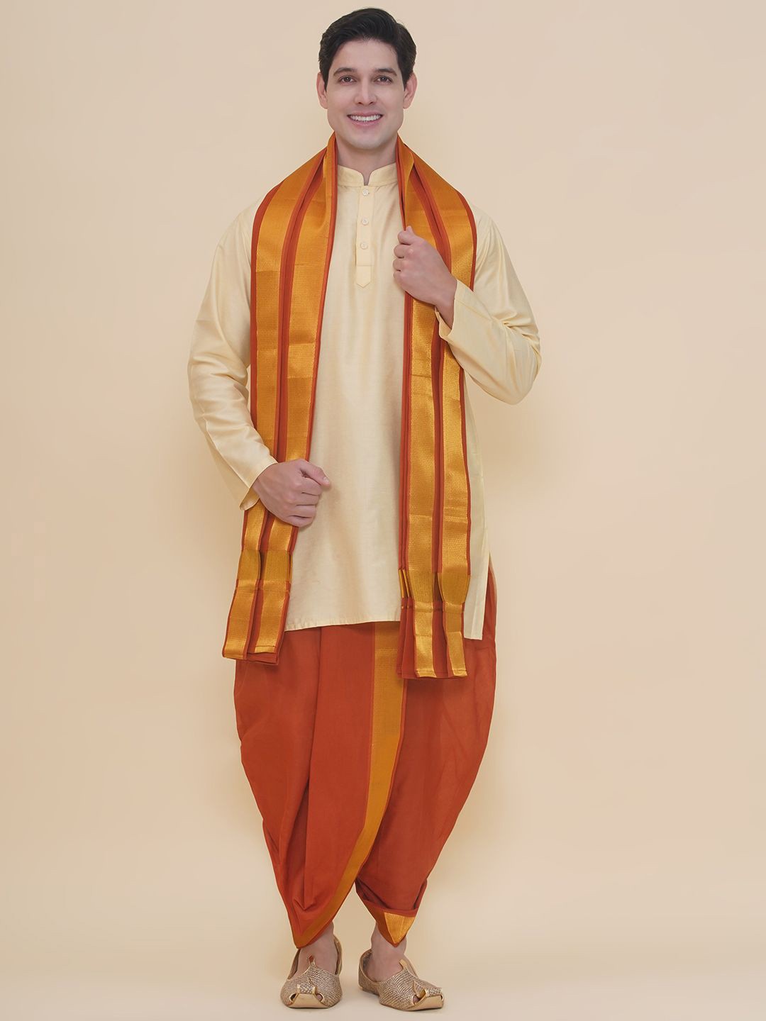 

Sethukrishna Mandarin Collar Art Silk Straight Kurta With Dhoti Pants And Angavastram, Beige
