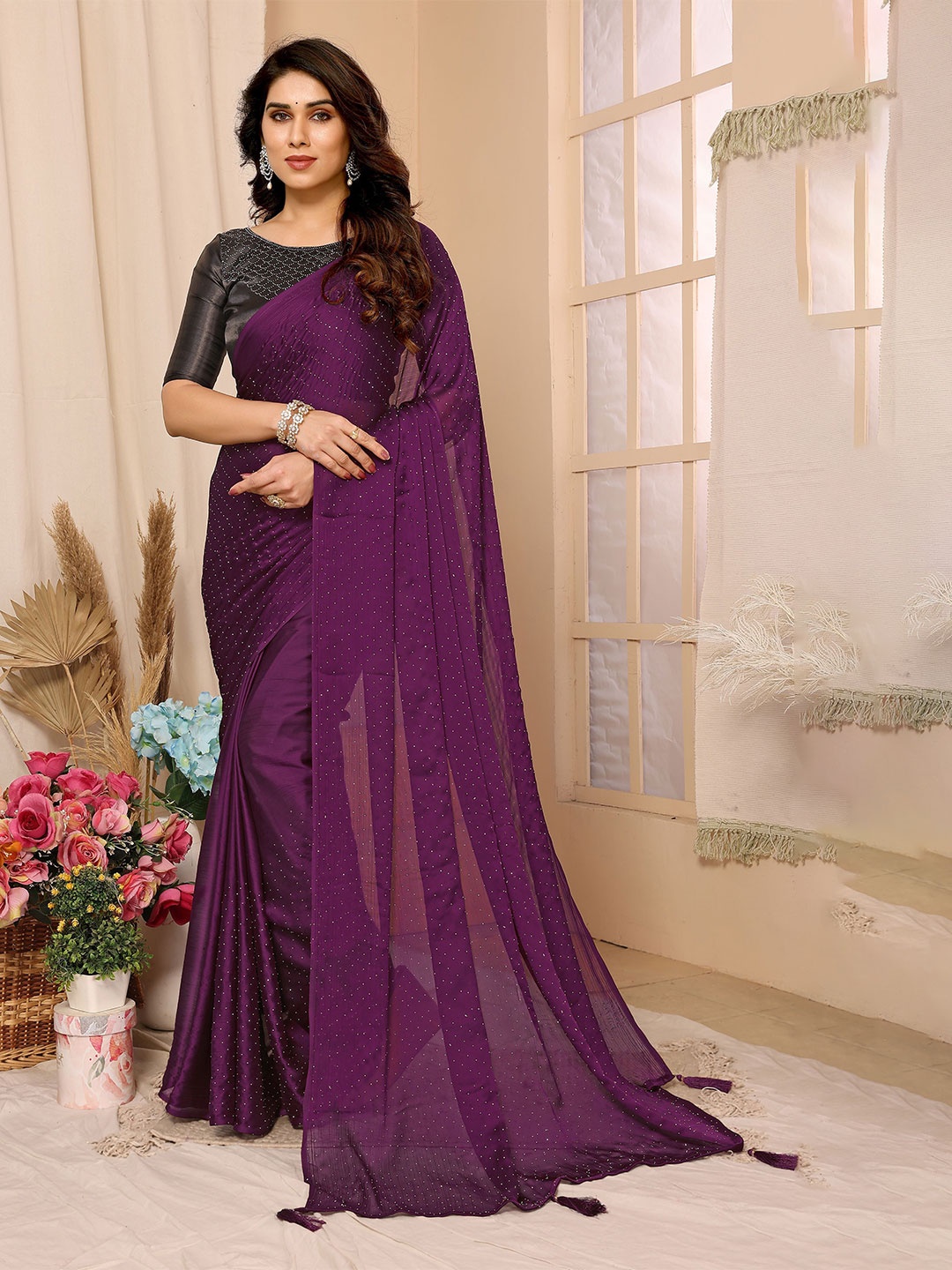 

Munir Embellished Beads and Stones Poly Chiffon Saree, Purple