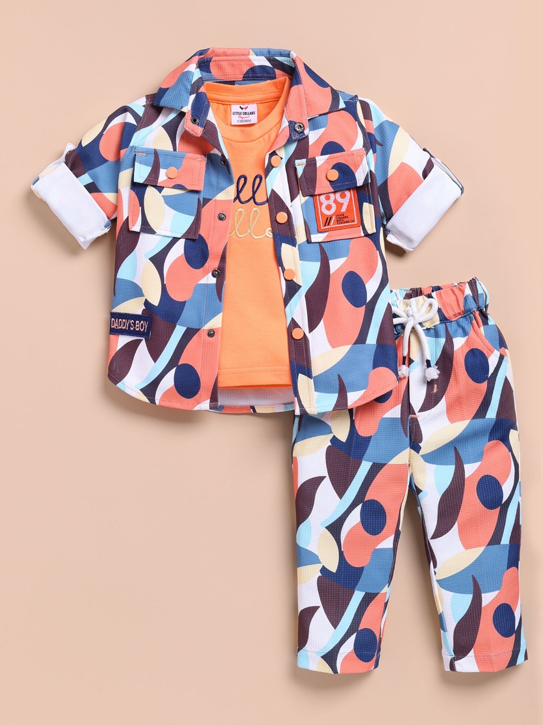 

LITTLE COLLARS Boys Printed T-shirt with Trousers, Peach