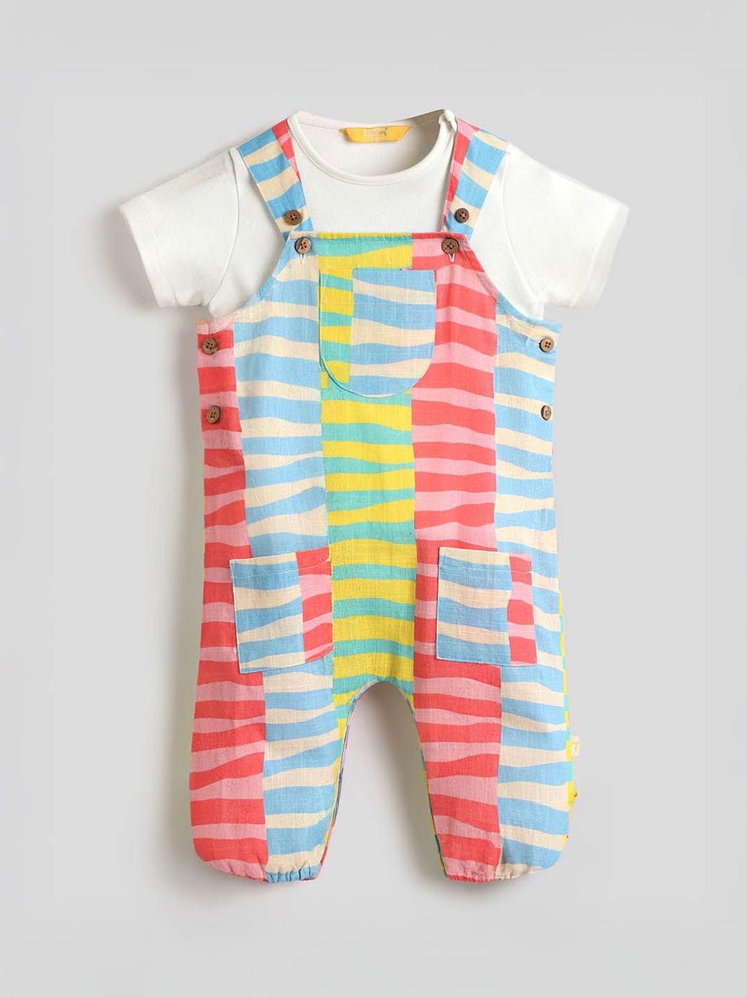 

Somersault Girls Printed Cotton Dungaree With T-Shirt, White
