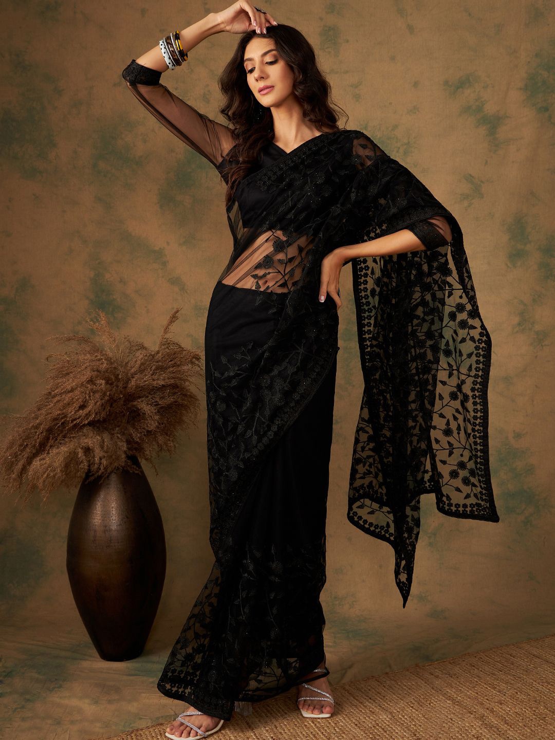 

DEVATITHI Embellished Embroidered Net Saree with BLouse Piece, Black