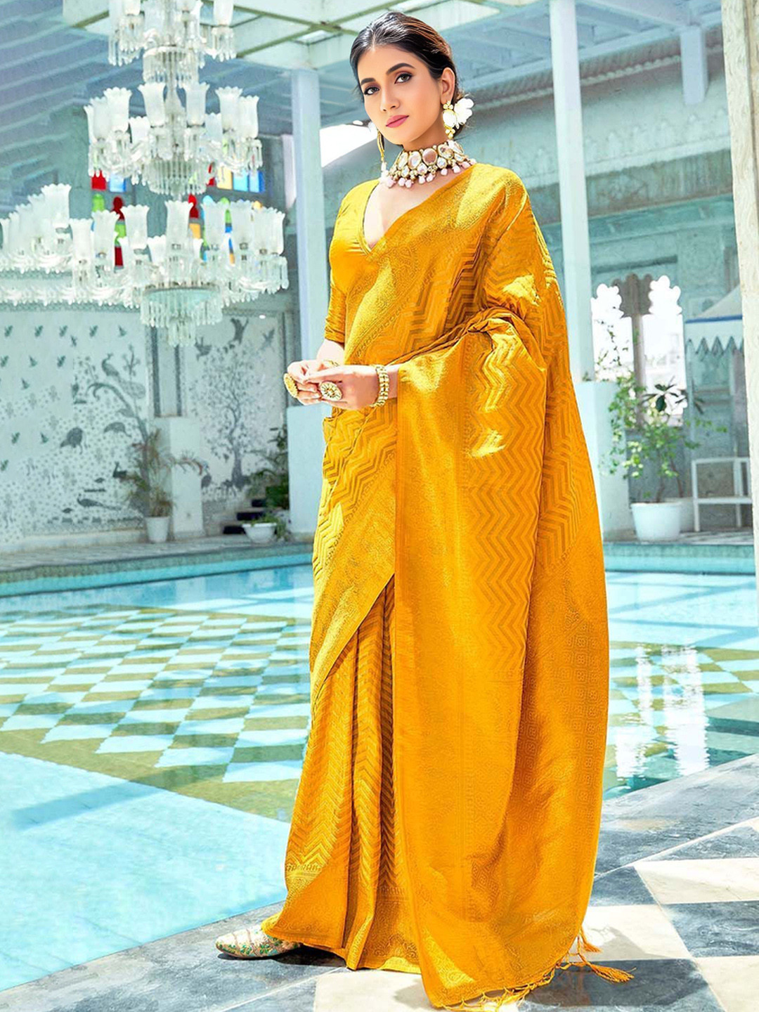 

bansari textiles Woven Design Zari Banarasi Saree, Mustard