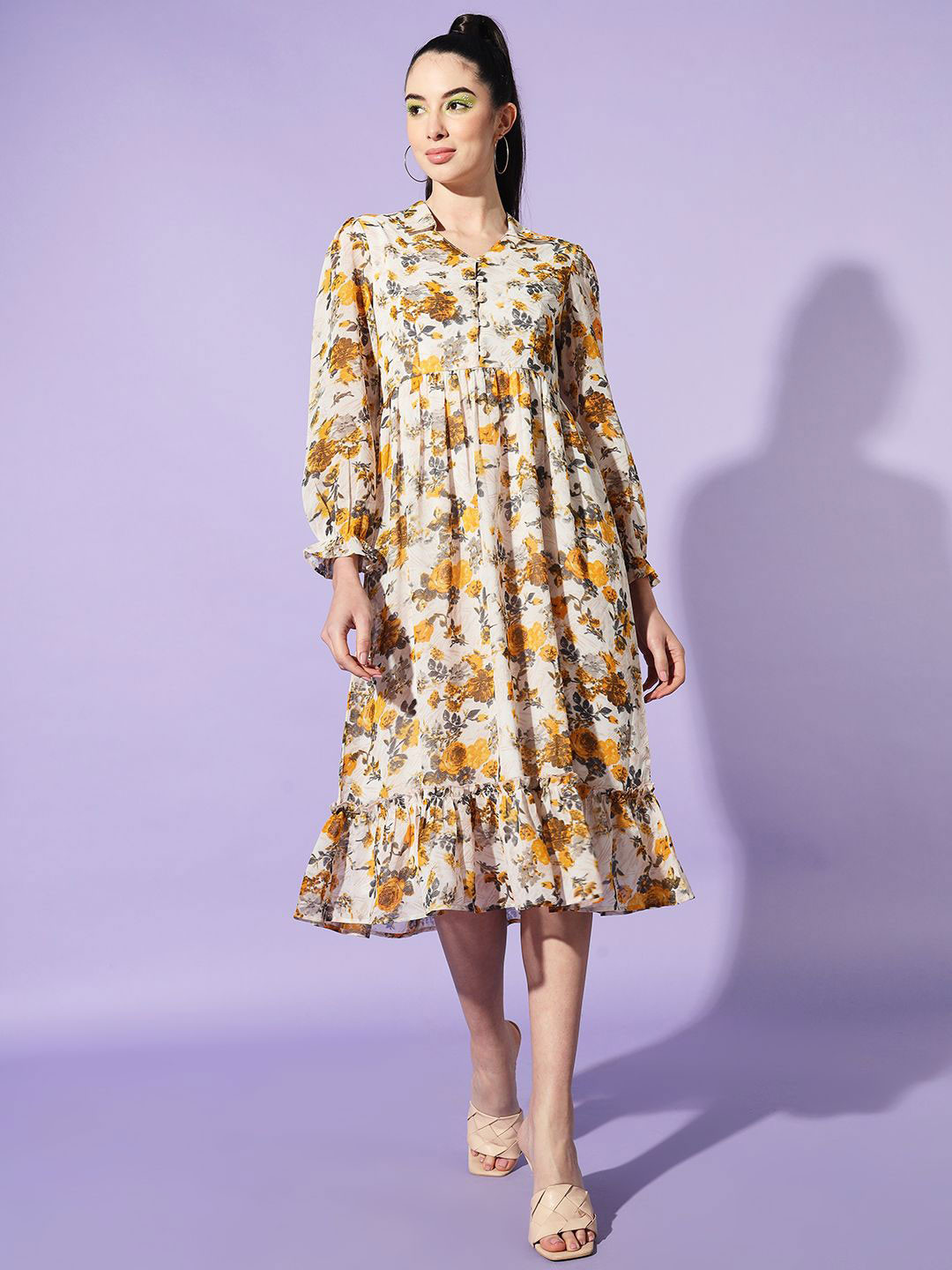 

Moda Rapido Floral Print Puff Sleeve Georgette A-Line Dress, Yellow
