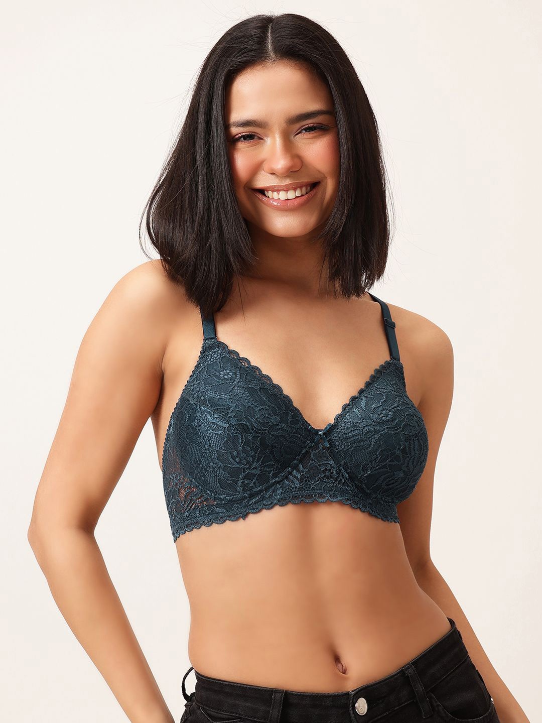 

Clovia Full Coverage Lightly Padded Lace T-shirt Bra, Turquoise blue