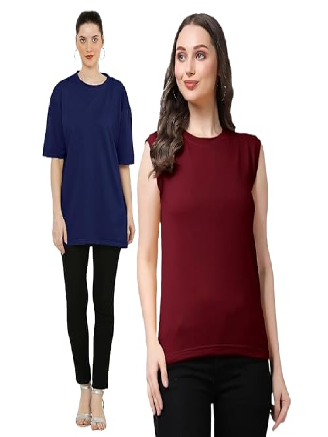 

NOTWILD Women Pack Of 2 Solid Round Neck Cotton T-shirts, Navy blue