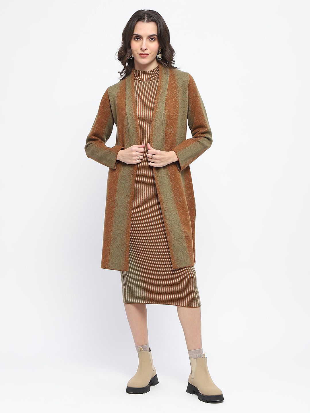 

Madame Striped Mock Neck Midi Sheath Dress With Long Coat, Olive