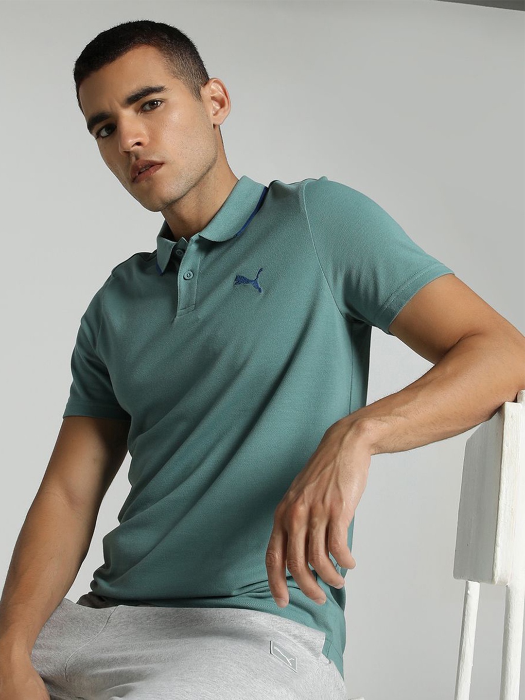 

Puma Collar Tipping Brand Logo Printed Pure Cotton Slim Fit T-Shirt, Sea green
