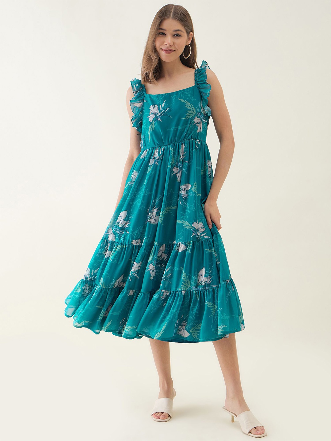 

OCTICS Floral Printed Square Neck Ruffles Georgette Tiered Fit & Flare Midi Dress, Blue