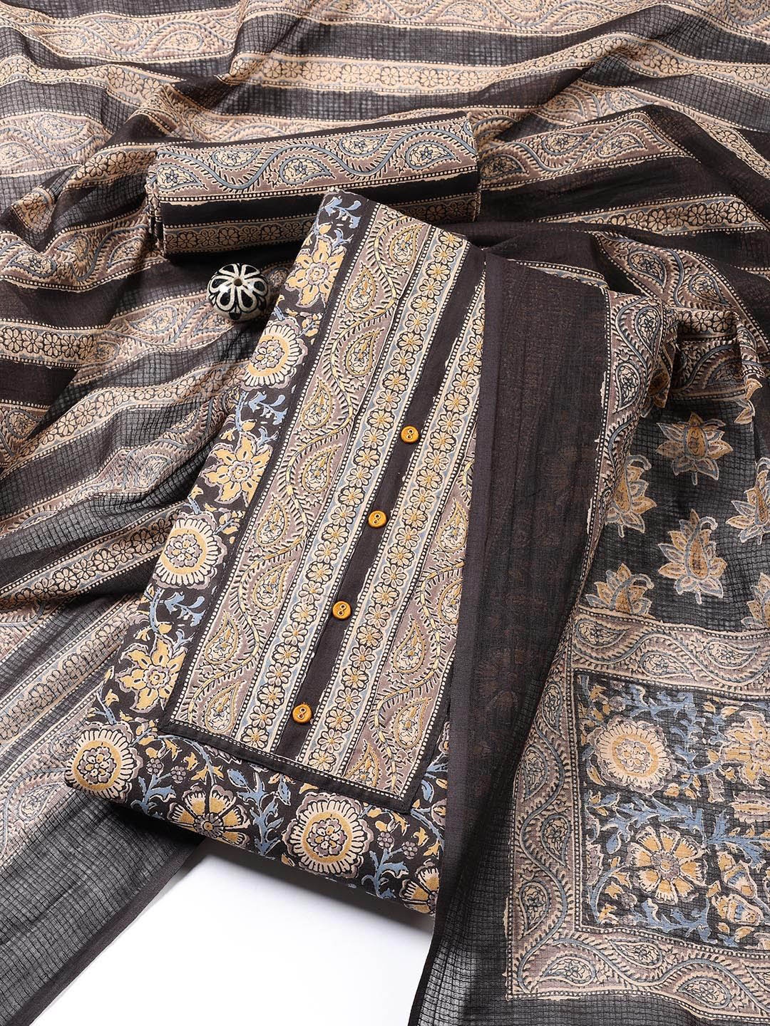 

Meena Bazaar Floral Printed Unstitched Dress Material, Brown