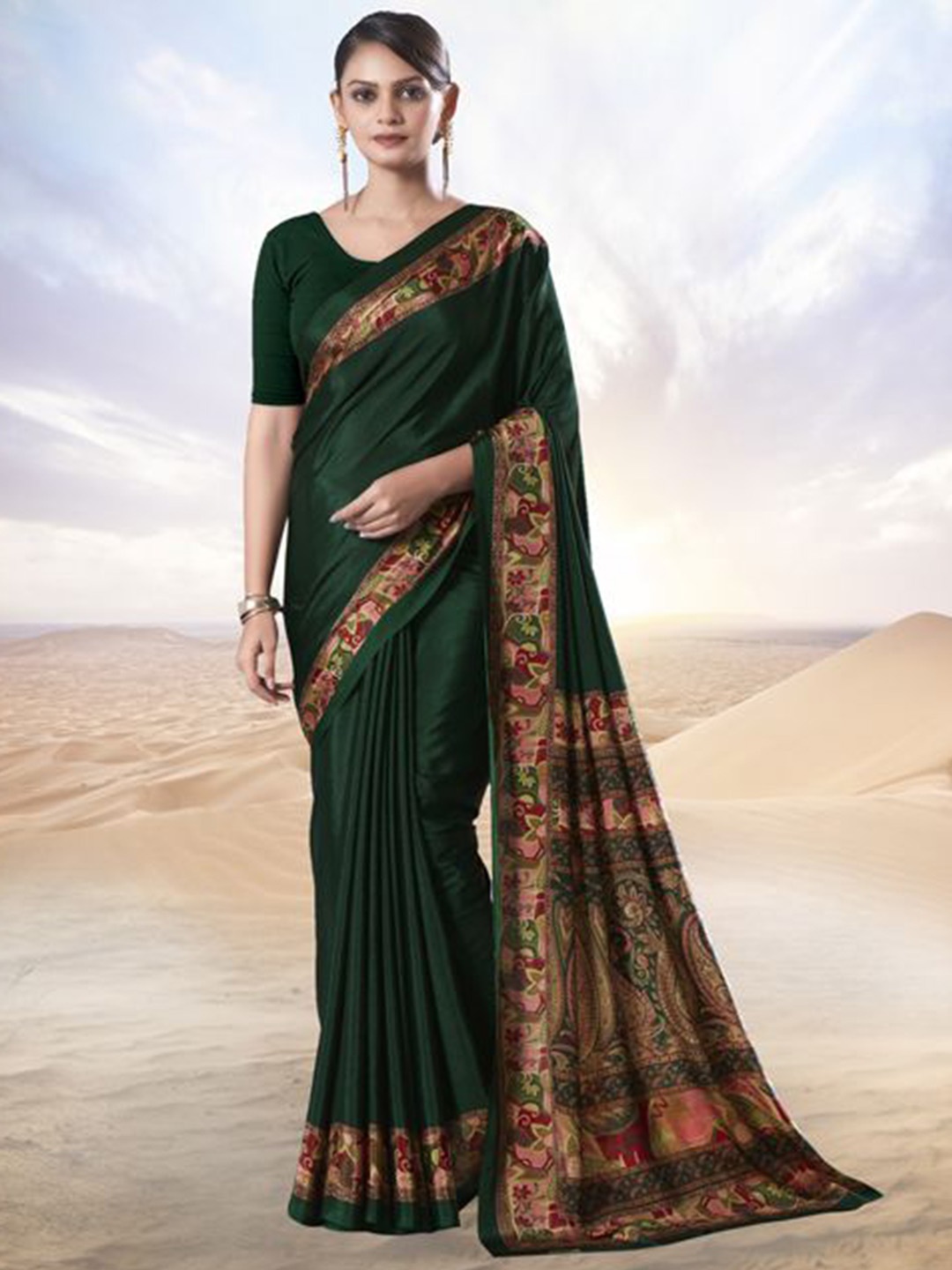 

Jaanvi Printed Border Pure Crepe Saree, Green