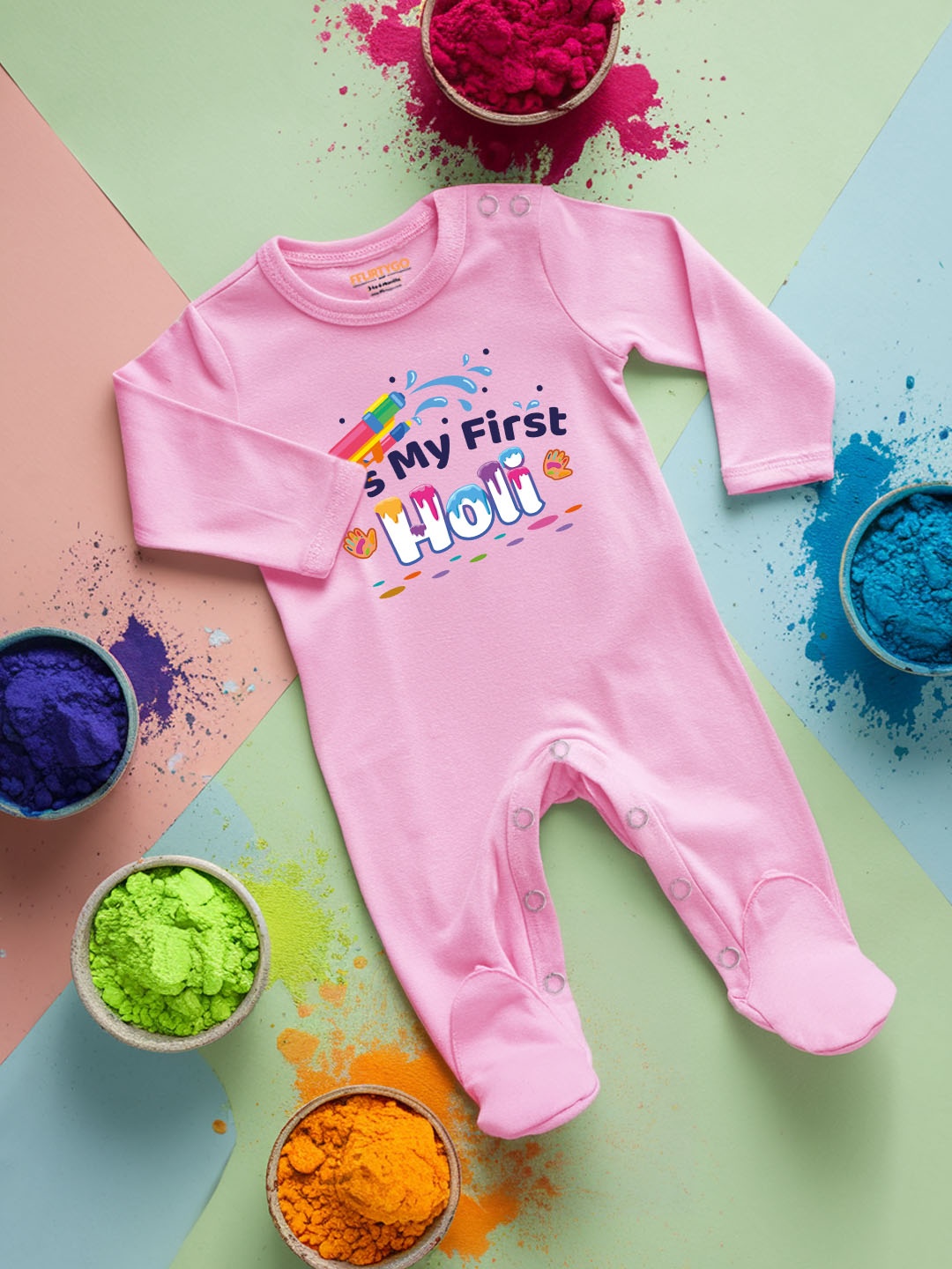 

FFLIRTYGO Infants Holi Printed Pure Cotton Sleepsuit, Pink