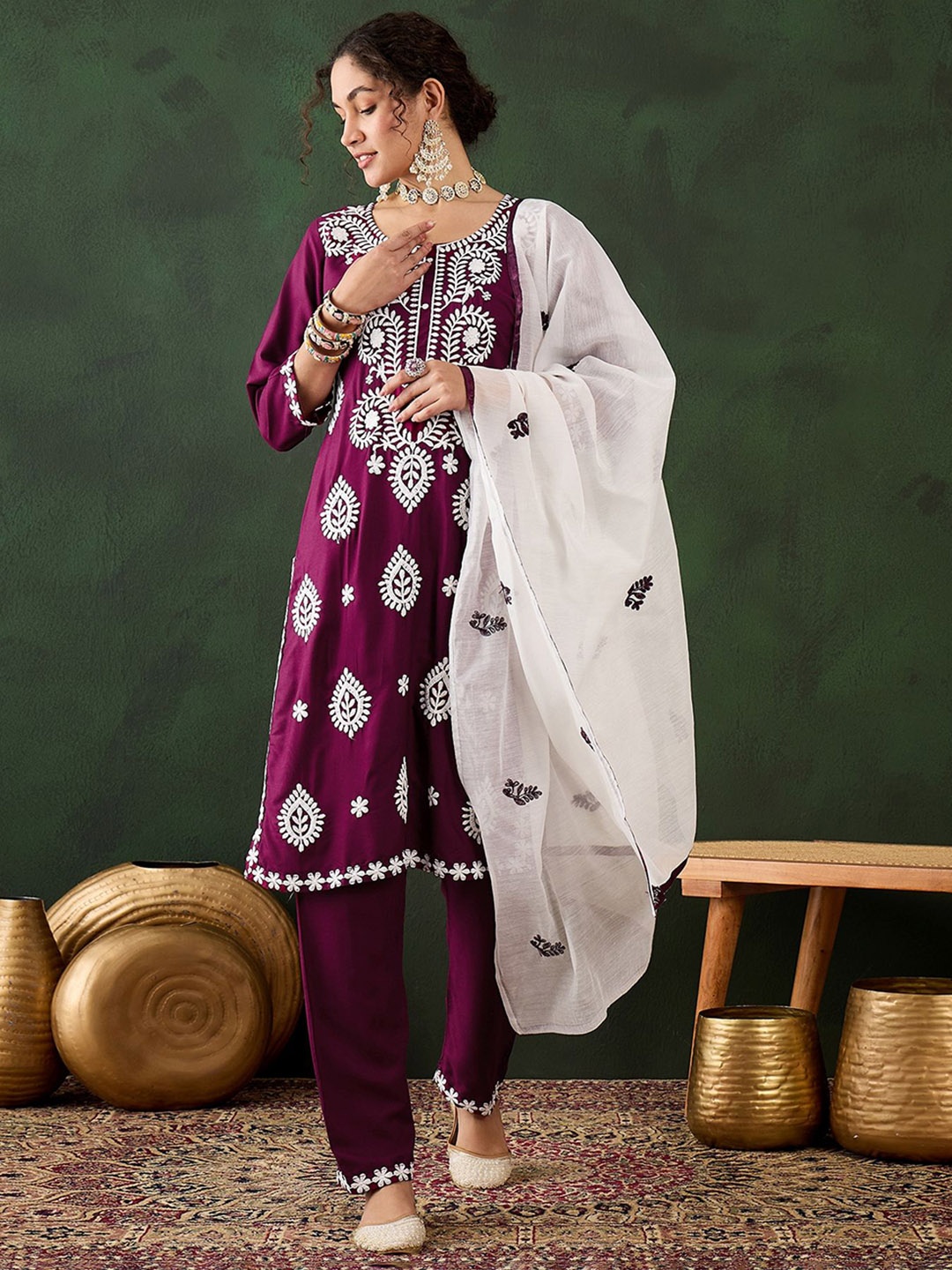 

KIMISHA Floral Embroidered Chikankari Straight Kurta with Trousers & Dupatta, Magenta