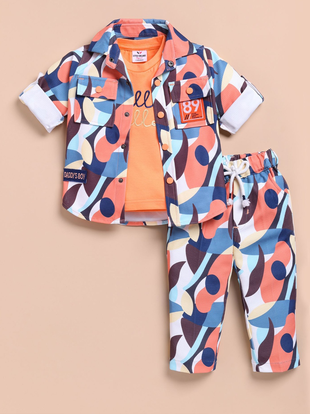 

LITTLE COLLARS Boys Printed T-shirt with Trousers, Peach