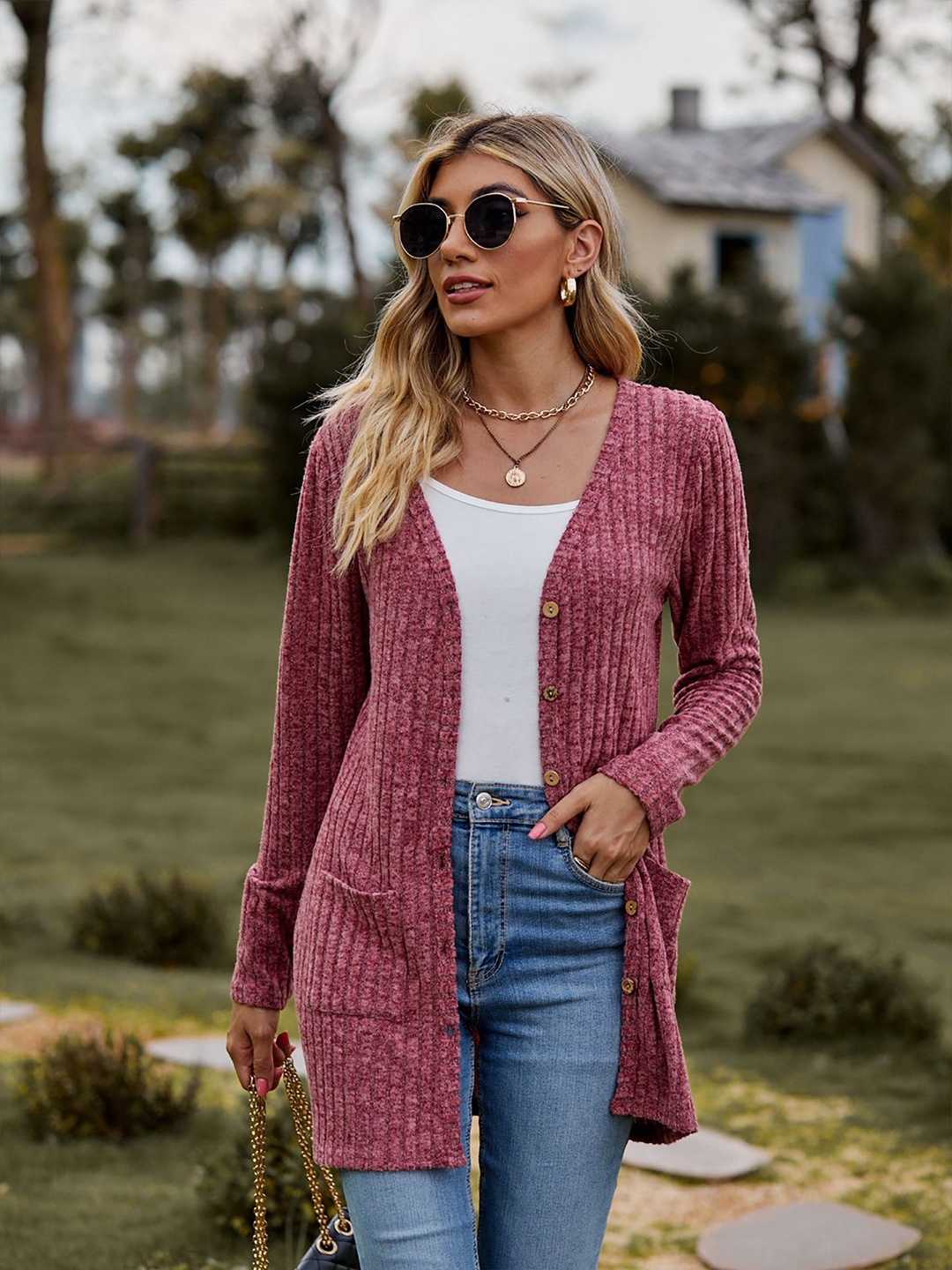 

StyleCast x Revolte Women Ribbed Longline Cardigan, Maroon