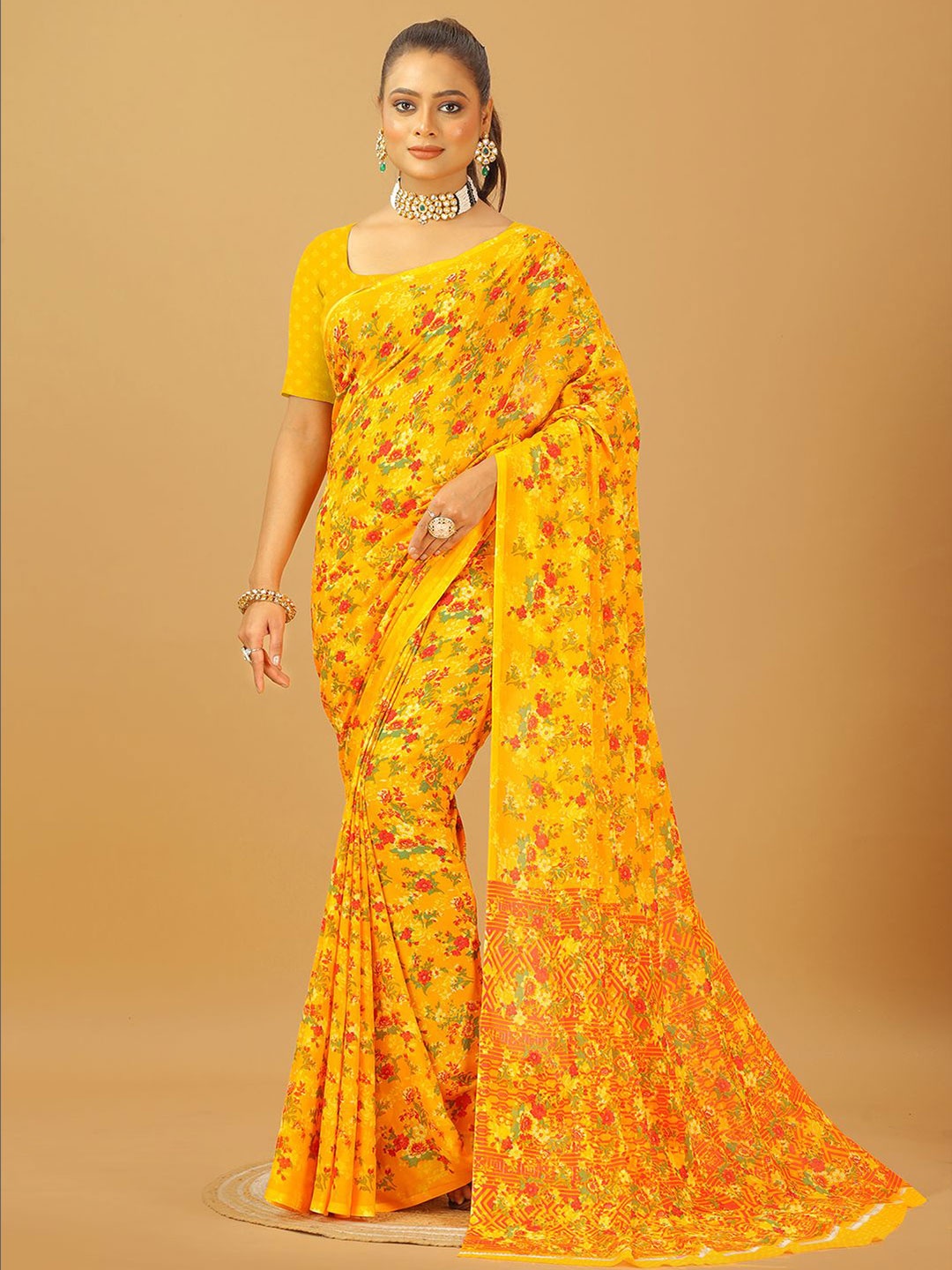 

NIRMAL CREATION Floral Pure Georgette Saree, Yellow