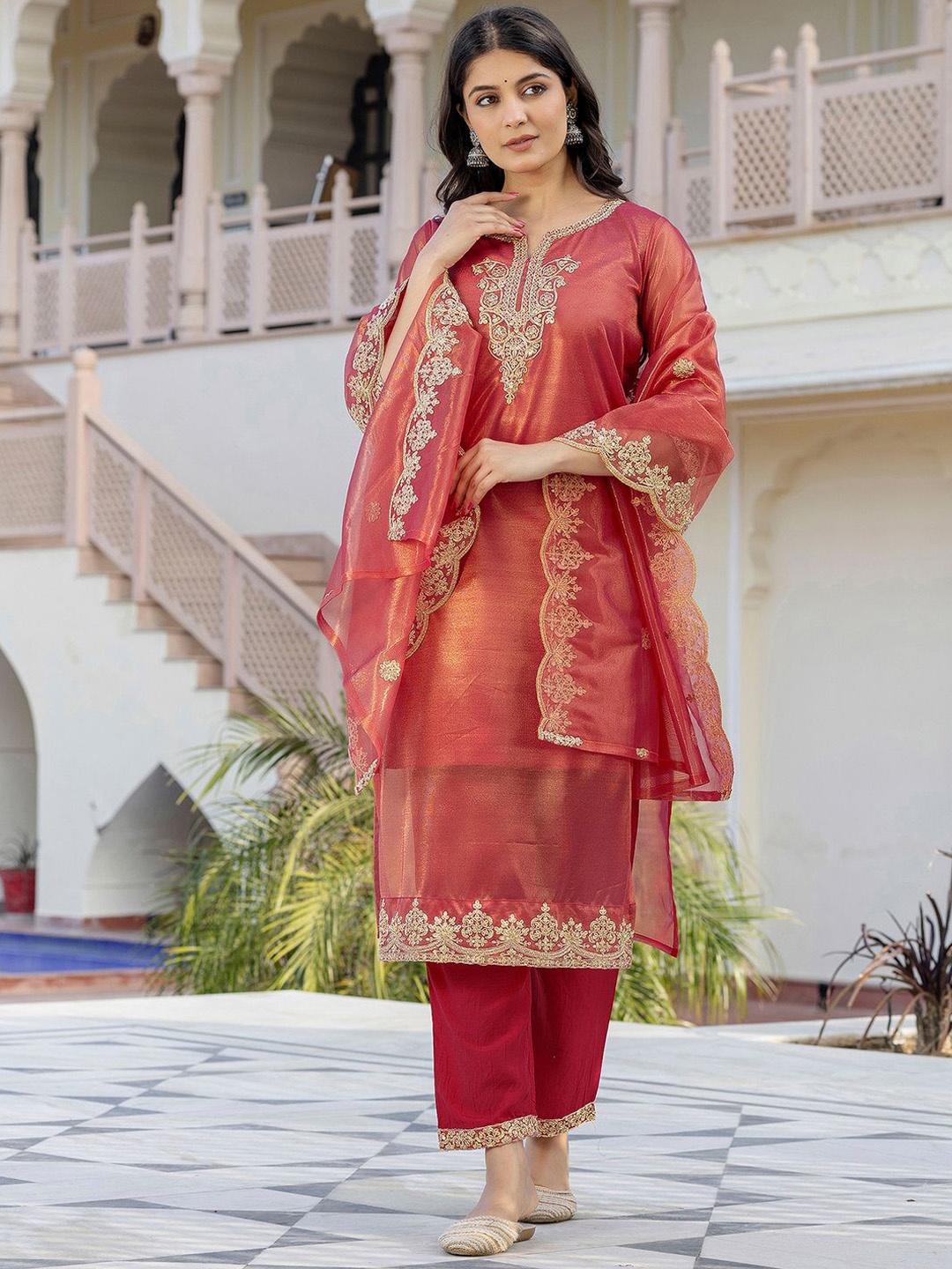 

KALINI Floral Yoke Design Notch Neck Zari Net Straight Kurta With Trousers And Dupatta, Orange