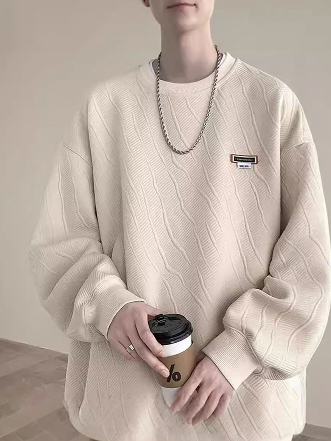 

StyleCast x Revolte Men Self Design Sweatshirt, Beige