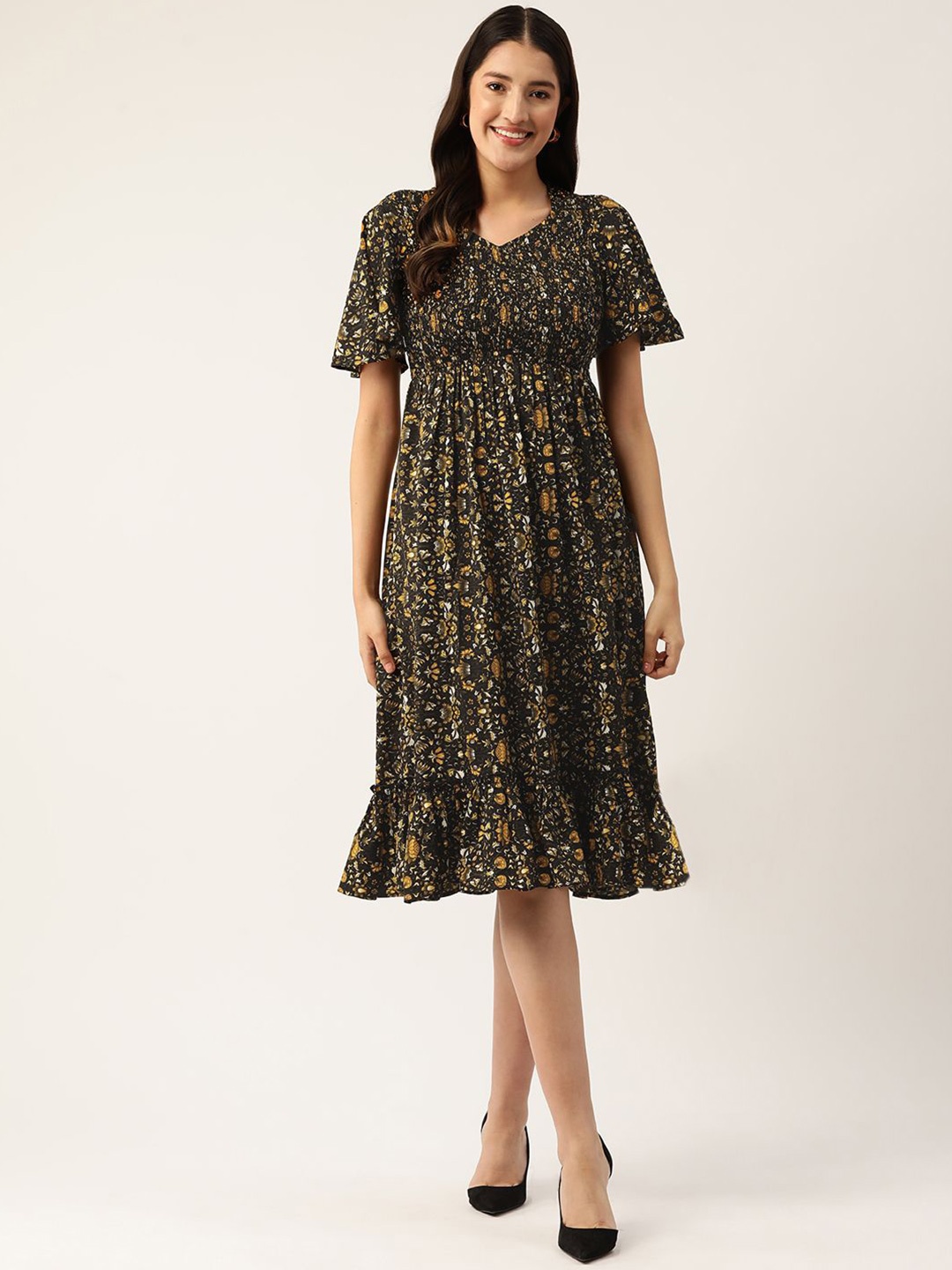 

Moda Rapido Floral Print Flared Sleeve Crepe A-Line Midi Dress, Black