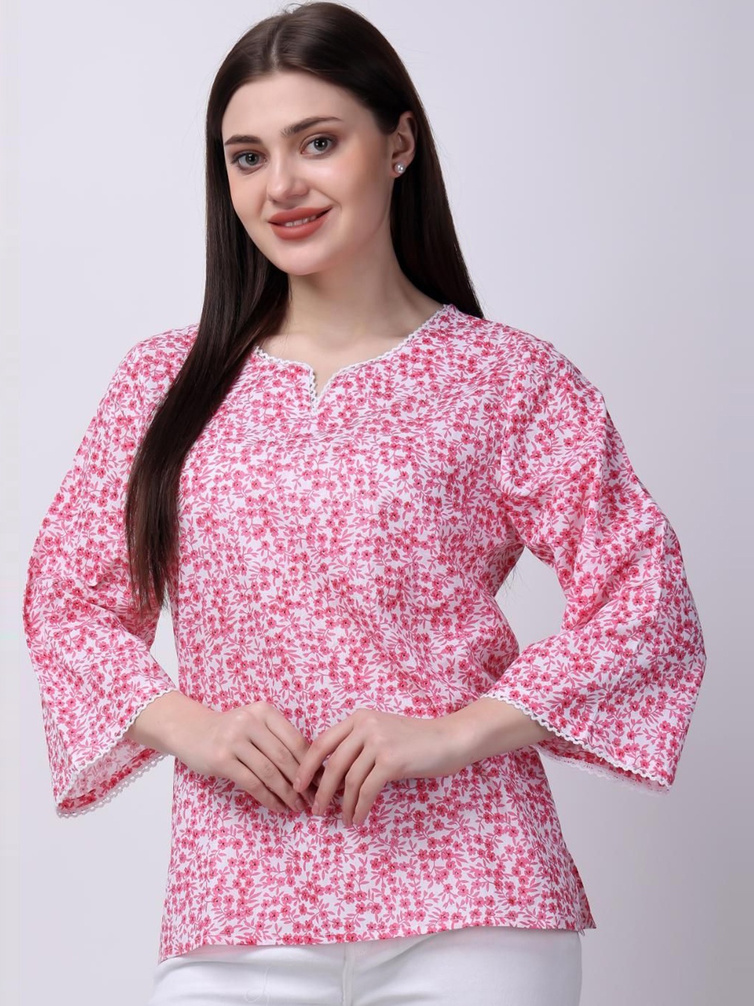 

VAAMII Women Floral Printed Flared Sleeve Cotton Top, Pink