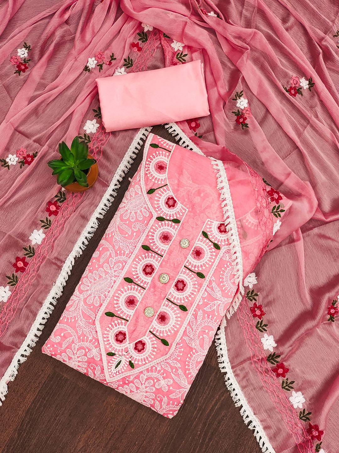 

Sidhidata Floral Embroidered Chanderi Cotton Unstitched Dress Material, Pink