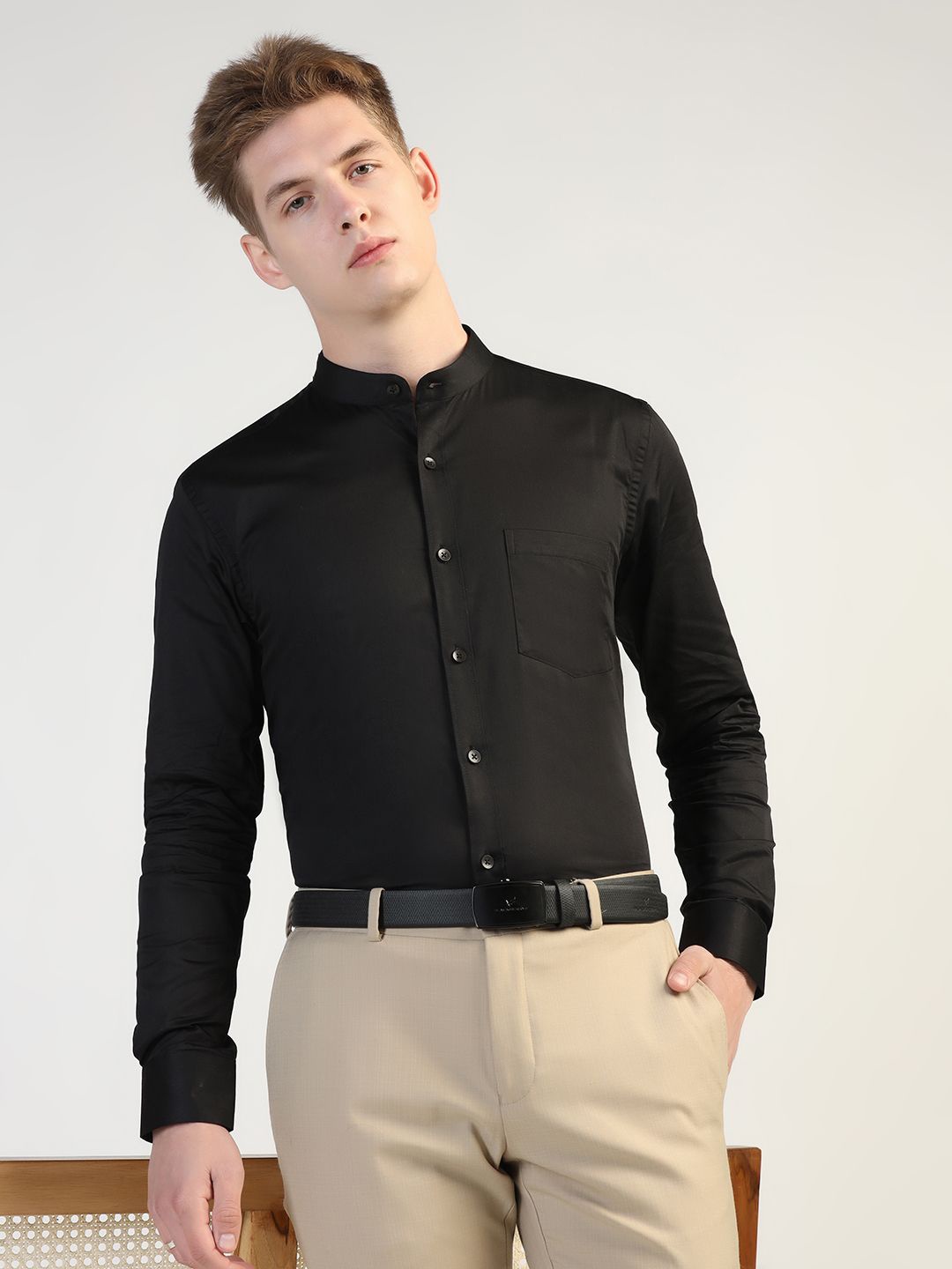 

TAHVO Men Comfort Fit Mandarin Collar Solid Cotton Formal Shirt, Black