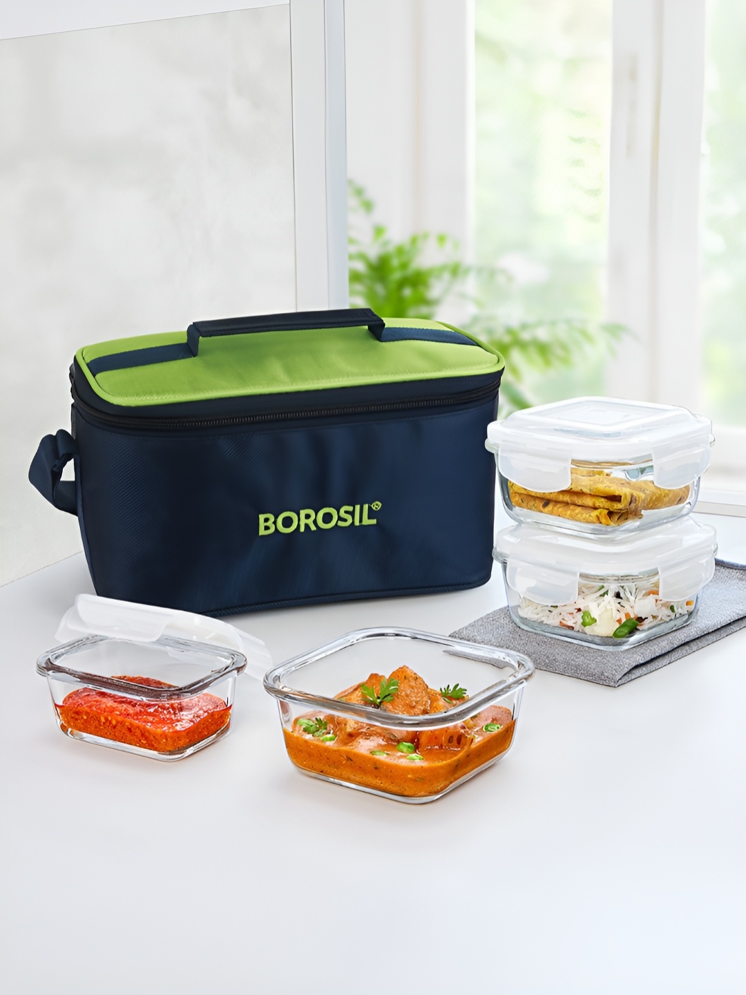 

BOROSIL Alfa Green 4 Pieces Borosilicate Glass Containers Lunch Boxes With Bag