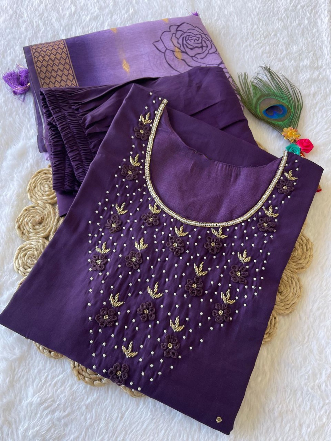 

XAYCRA CREATION Floral Yoke Design Beads Work Pure Silk Kurta With Pyjama & Dupatta, Purple