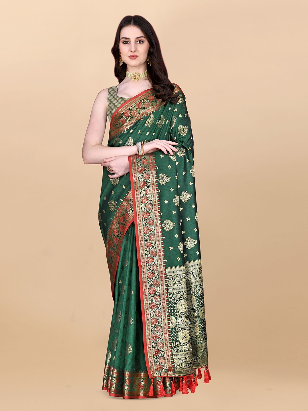 

bansari textiles Woven Design Zari Banarasi Saree, Green