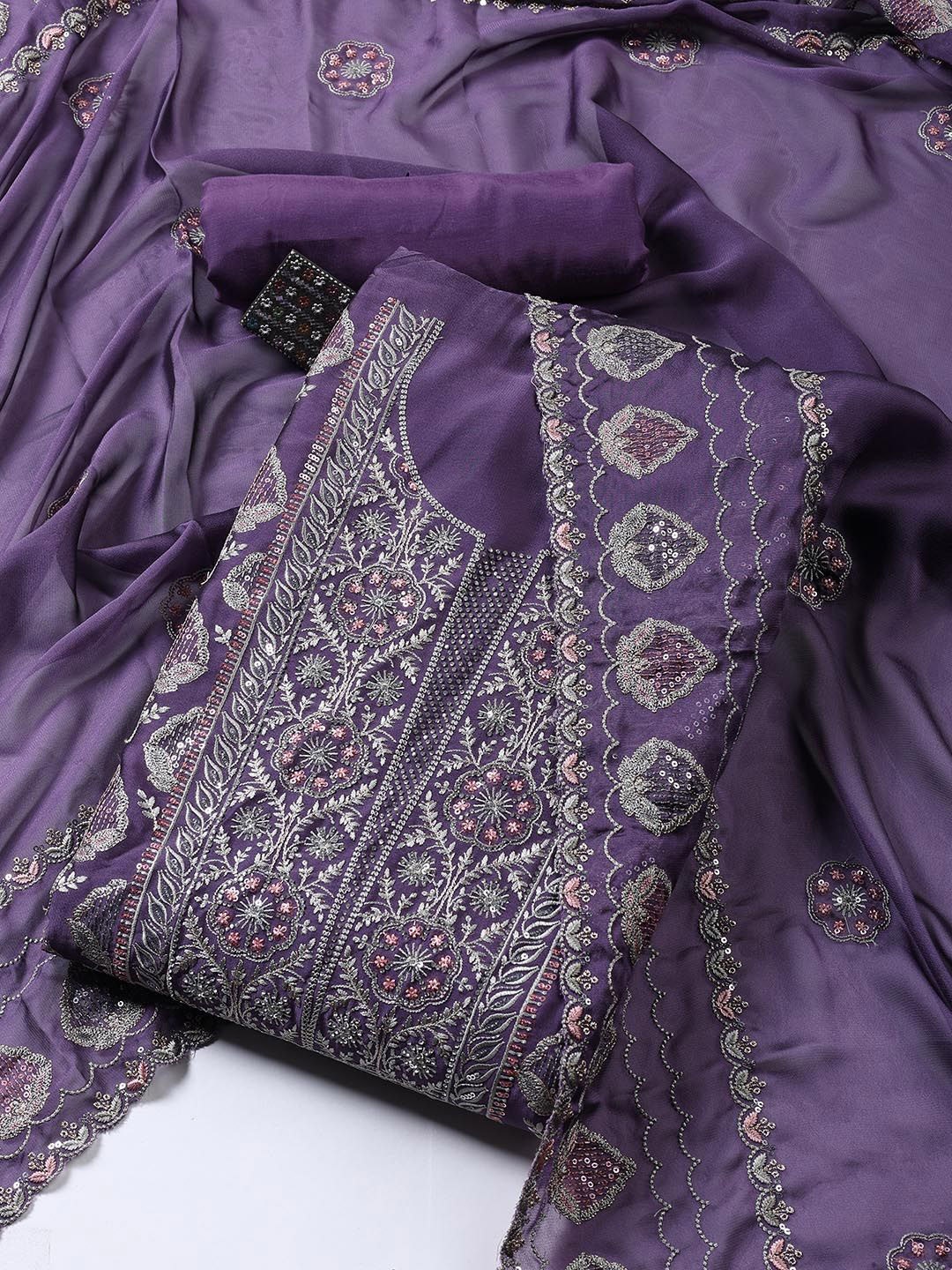

Meena Bazaar Floral Embroidered Sequinned Organza Unstitched Dress Material, Purple