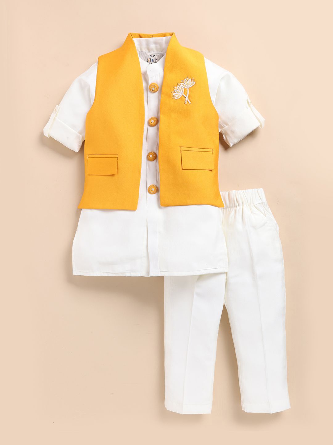 

LITTLE COLLARS Mandarin Collar Straight Kurta With Trousers & Waistcoat, Mustard