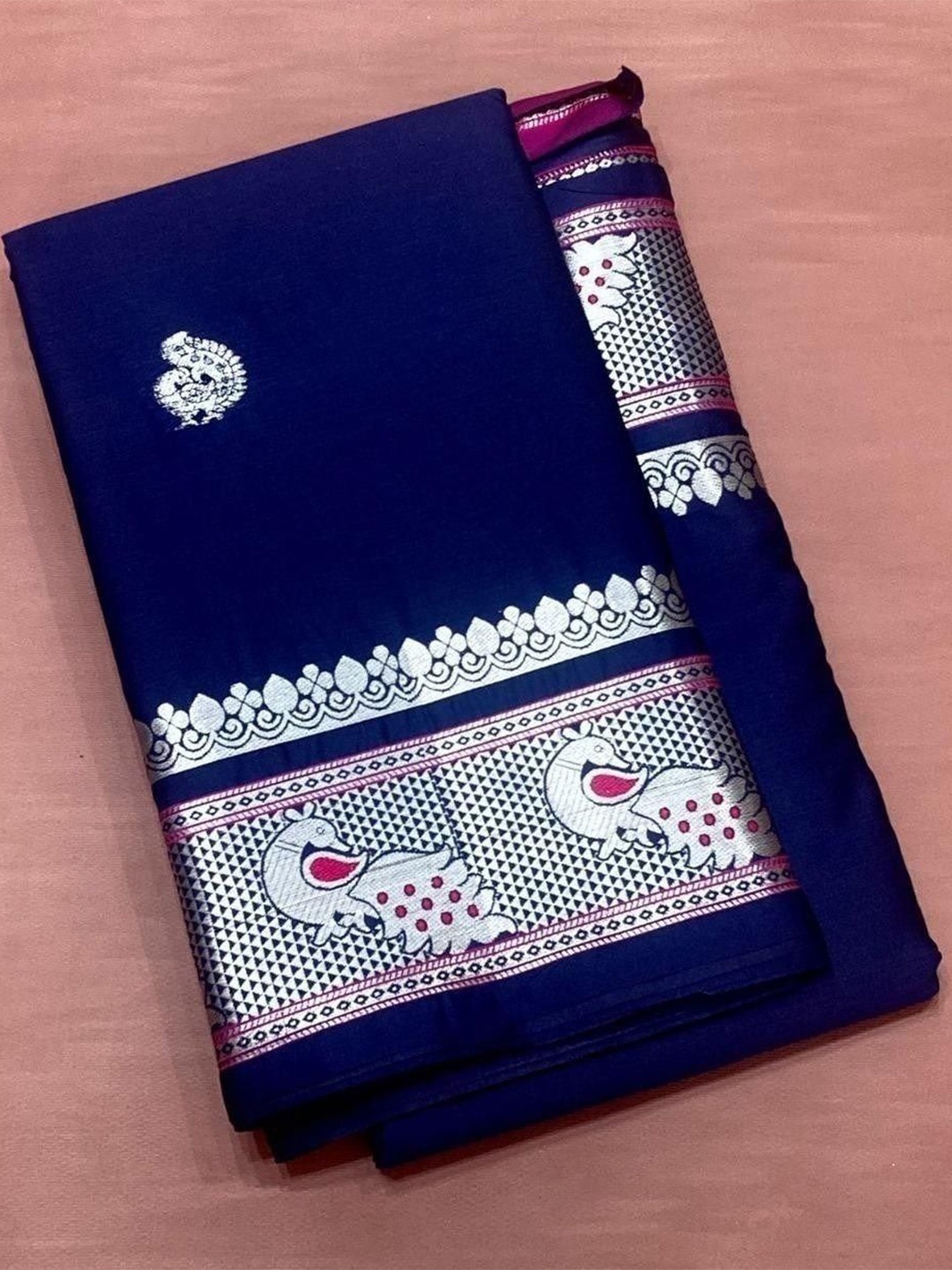 

bansari textiles Woven Design Zari Paithani Saree, Navy blue