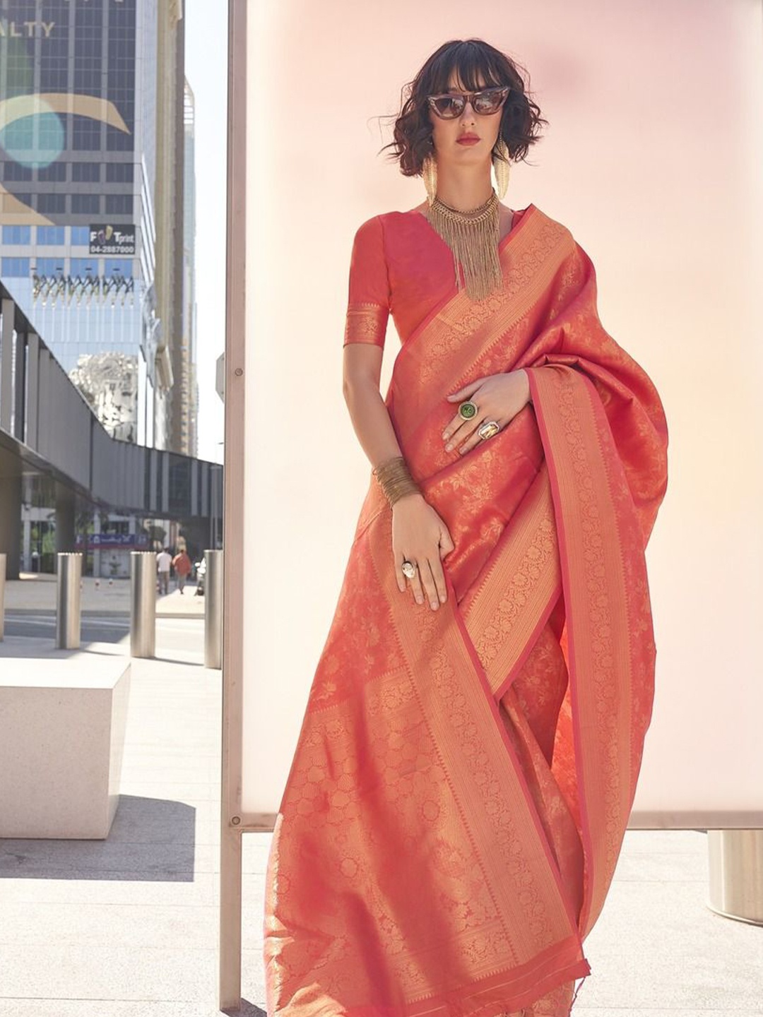

Anouk Woven Design Zari Silk Blend Banarasi Saree, Orange