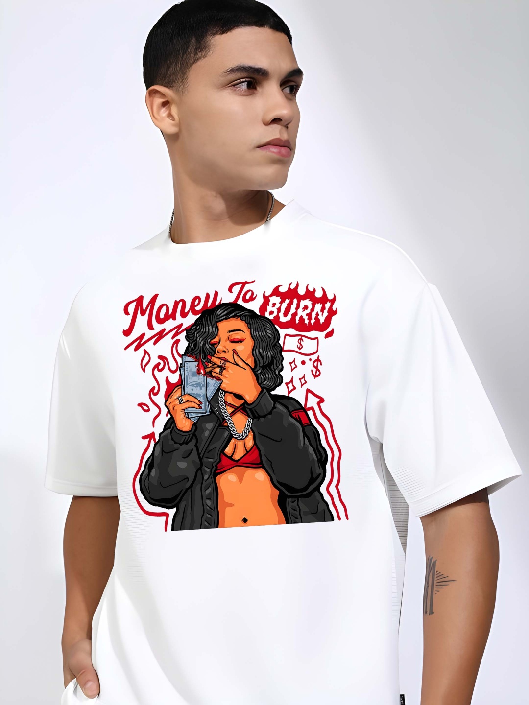 

Krimmple Men Graphic Printed Round Neck Cotton Oversized T-shirt, White