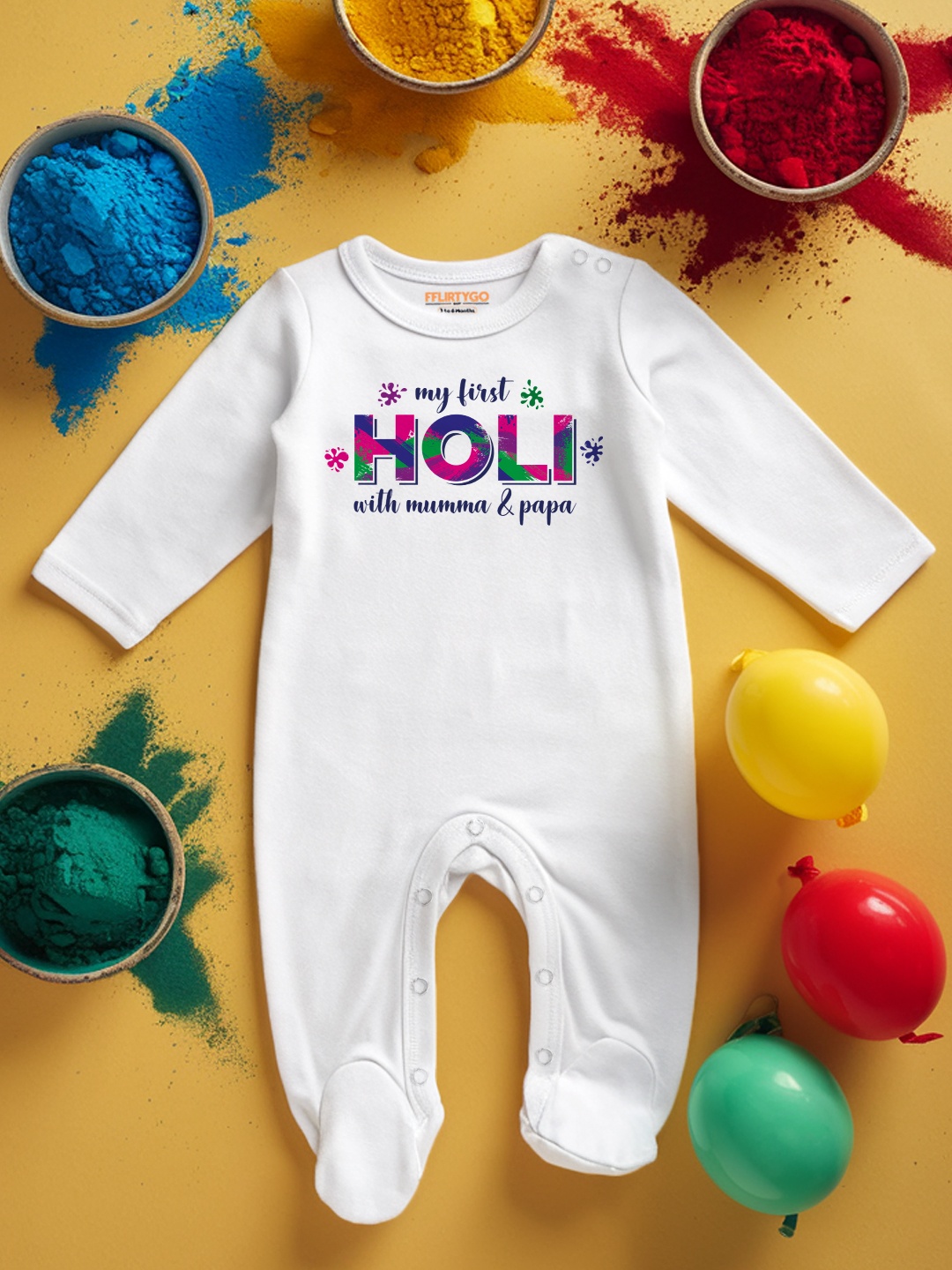 

FFLIRTYGO Infants Holi Printed Cotton Sleepsuit, White