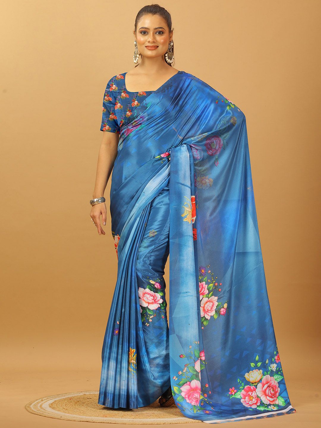 

A.V.M. SILK MILLS Floral Printed Pure Crepe Saree, Blue