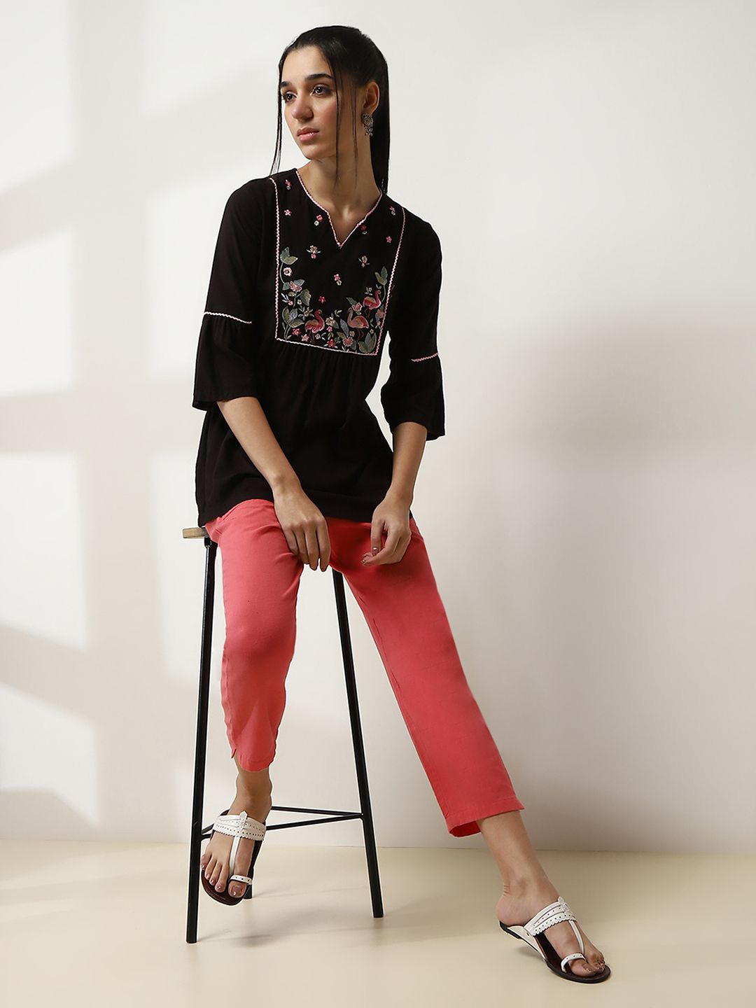 

Rangriti Floral Embroidered A-Line Top, Black