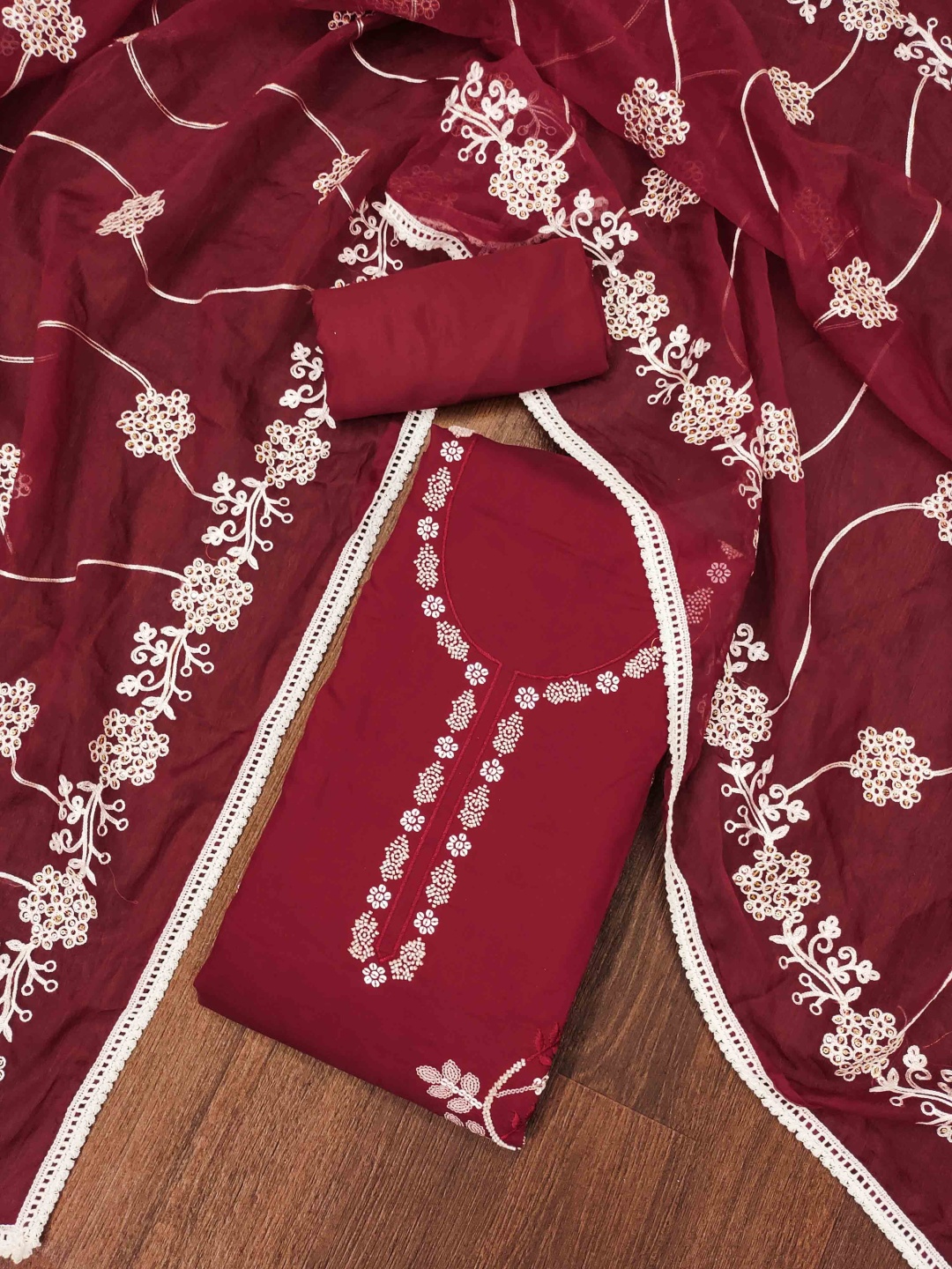 

Blissta Floral Embroidered Unstitched Dress Material, Maroon